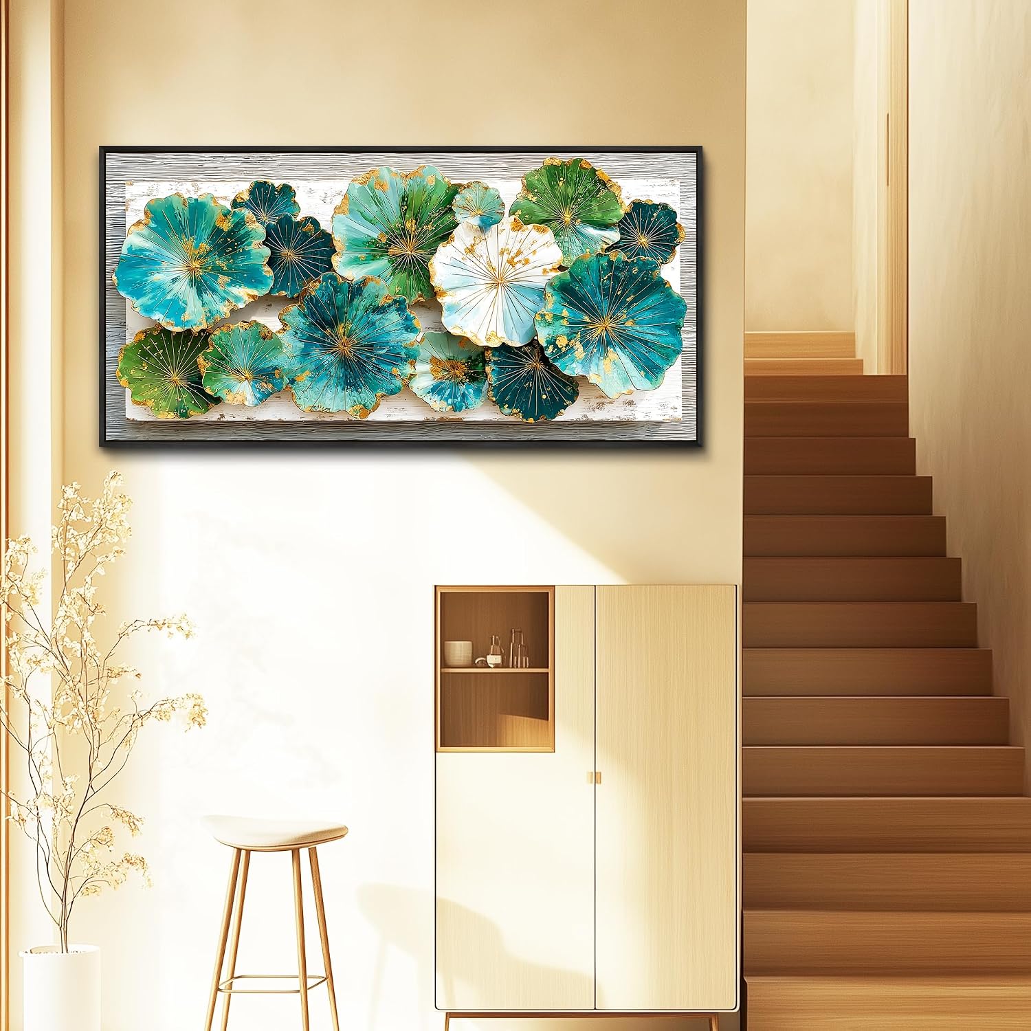XIGUANGART Lotus leaf Large Wall Art for Living Room Texture Wall Decor Green Floral Abstract Pictures Framed Artwork for Walls Canvas Print Painting for Bedroom Nature Rustic Home Decoration 30x60