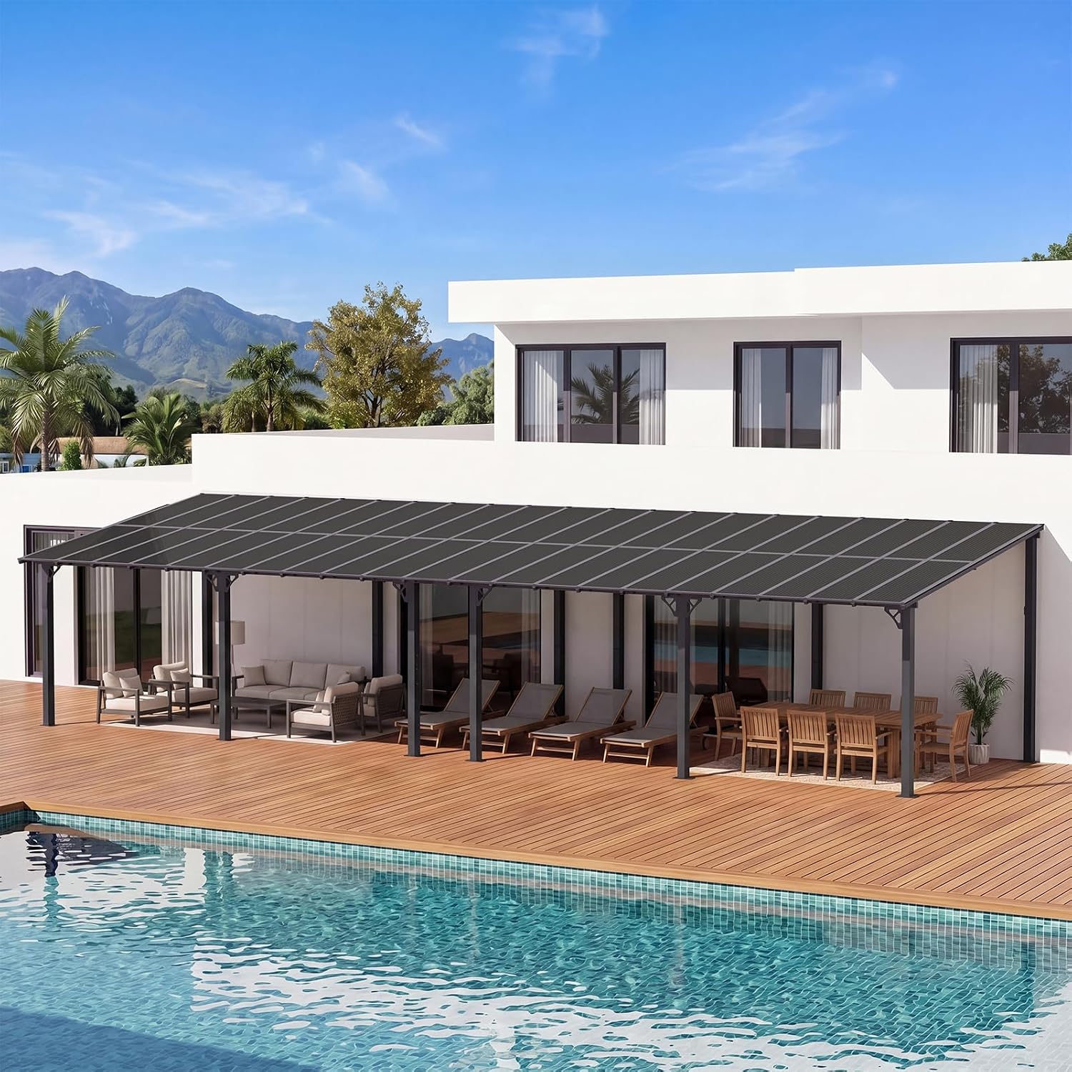 Aoxun 42' x 10' Pergola for Patio, Gazebo with Sloped Roof, Grill Pergola Large Wall-Mounted Heavy Duty Awnings, for Backyard, Deck, Patio