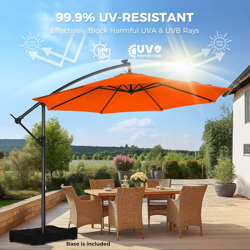 HOMSHADE 10ft Solar Lights Offset Cantilever Patio Umbrella - with Light and Base, LED Lighted Offset Hanging Patio Outdoor Market Umbrella UPF50+ UV Protection with Easy Tilt and Crank (Neon Orange)