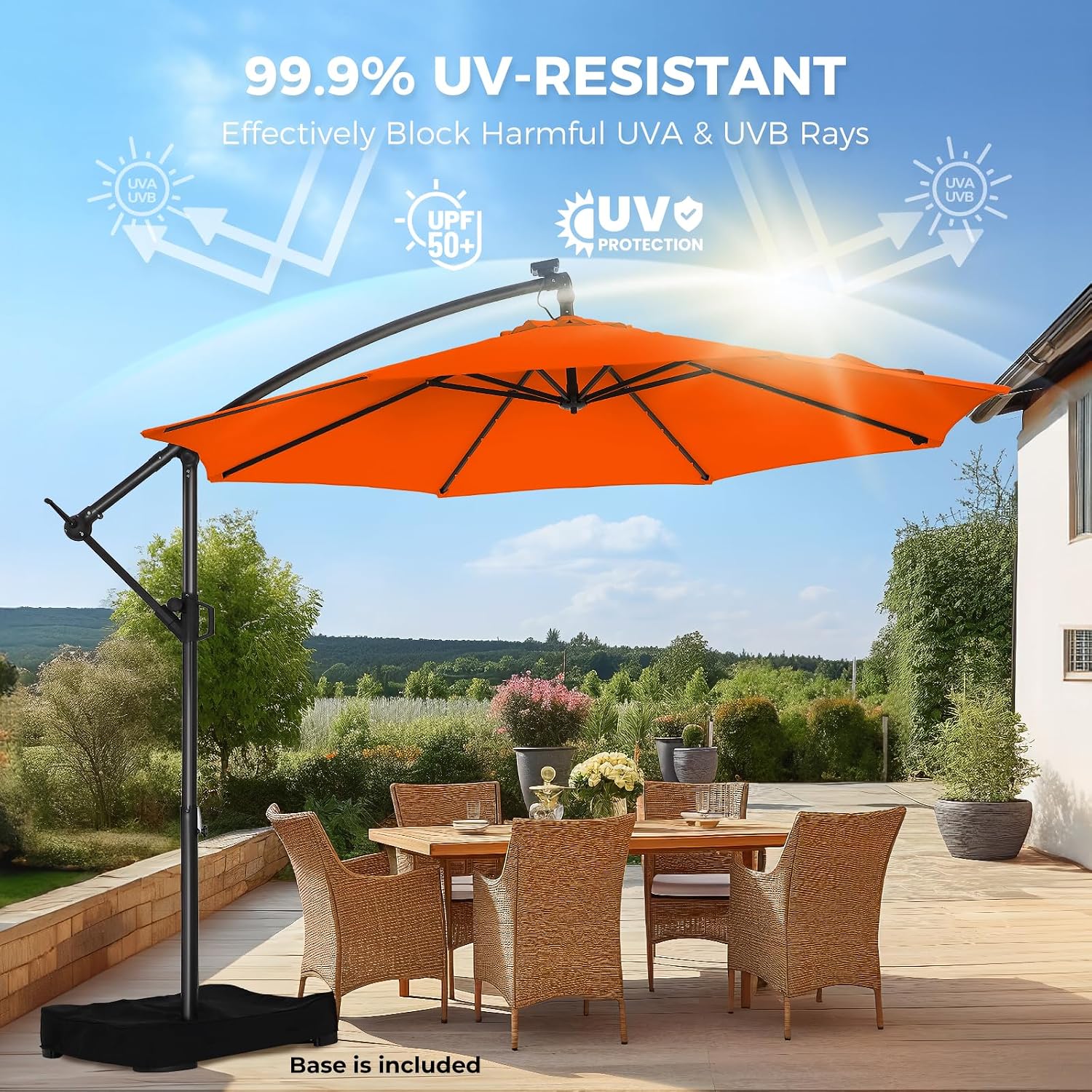 HOMSHADE 10ft Solar Lights Offset Cantilever Patio Umbrella - with Light and Base, LED Lighted Offset Hanging Patio Outdoor Market Umbrella UPF50+ UV Protection with Easy Tilt and Crank (Neon Orange)