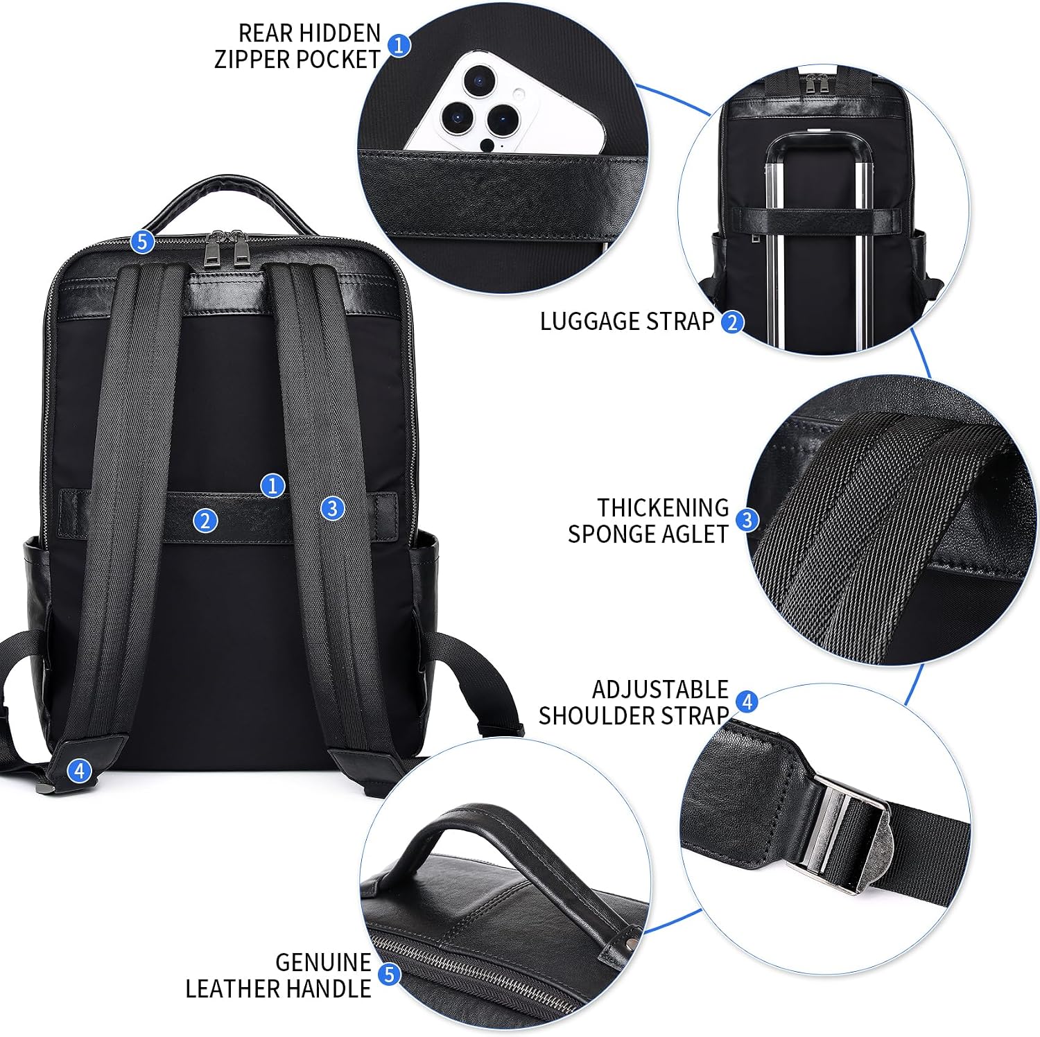 Veg-Tan Genuine Leather Backpack for Men Multi-Functional 15.6' Laptop Backpack, Black Business Travel Luxury Backpack Work Daypack