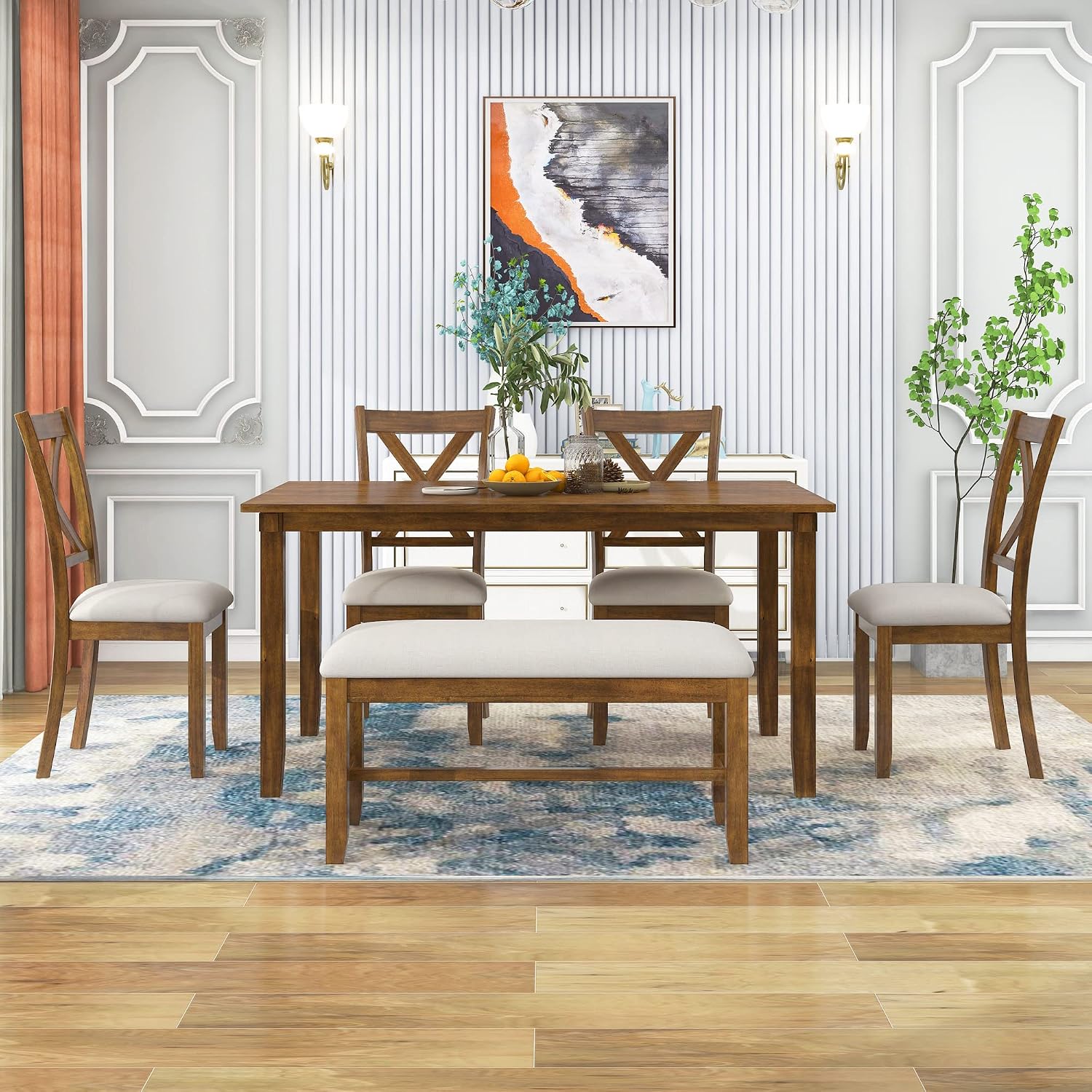 6-Piece Dining Room Table Set, Rustic Farmhouse Wood Dining Table Set with Rectangular Table 4 Upholstered Padded Chairs and 1 Padded Bench, Dining Set for Family of 4-6 People