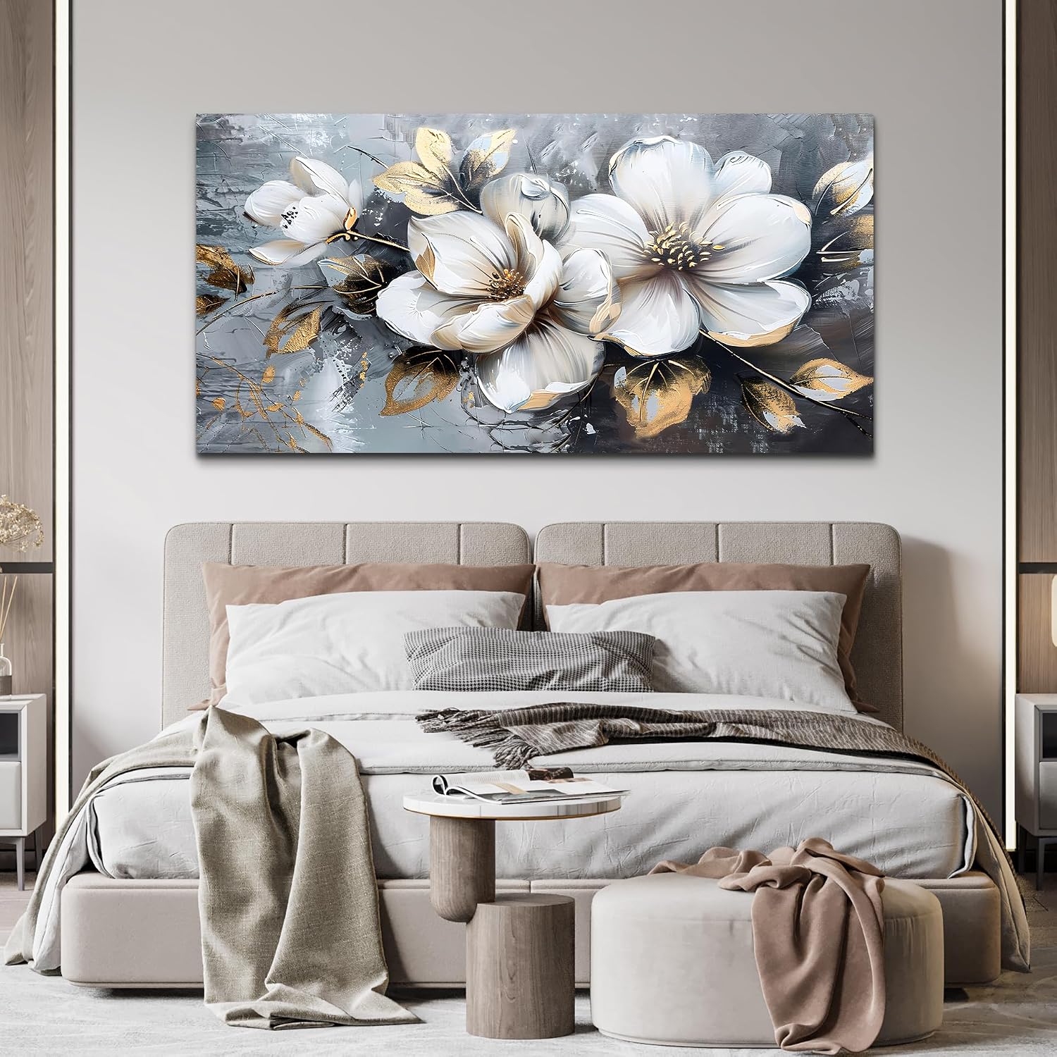 KELIYUAN Large Canvas Wall Decor Living Room For Wall Art For Bedroom Office Decorations Abstract White Flowers Wall Paintings Pictures Artwork Modern Framed Posters Home Decor Aesthetic 30'x60'