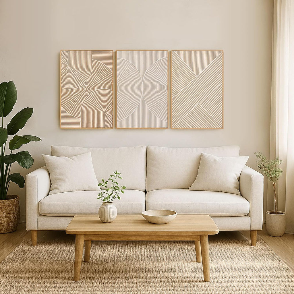 Zessonic Neutral Minimalist Textured 3D Wall Art Abstract Hand-Painted Framed Wall Decor Geometric Artwork Canvas Paintings- Living Room Bedroom Office - Modern Boho Neutral Line 16'x24' 3 piece
