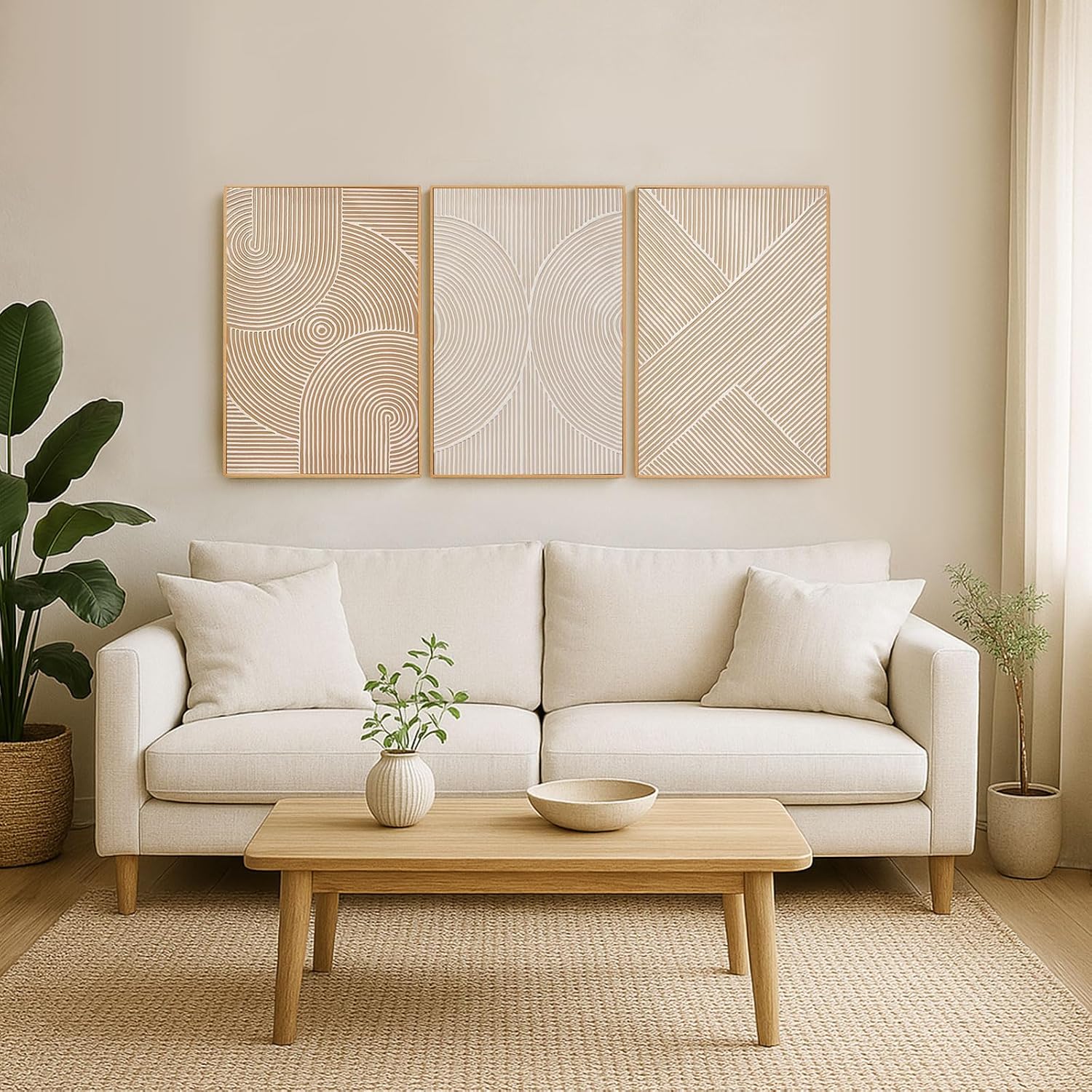 Zessonic Neutral Minimalist Textured 3D Wall Art Abstract Hand-Painted Framed Wall Decor Geometric Artwork Canvas Paintings- Living Room Bedroom Office - Modern Boho Neutral Line 16'x24' 3 piece