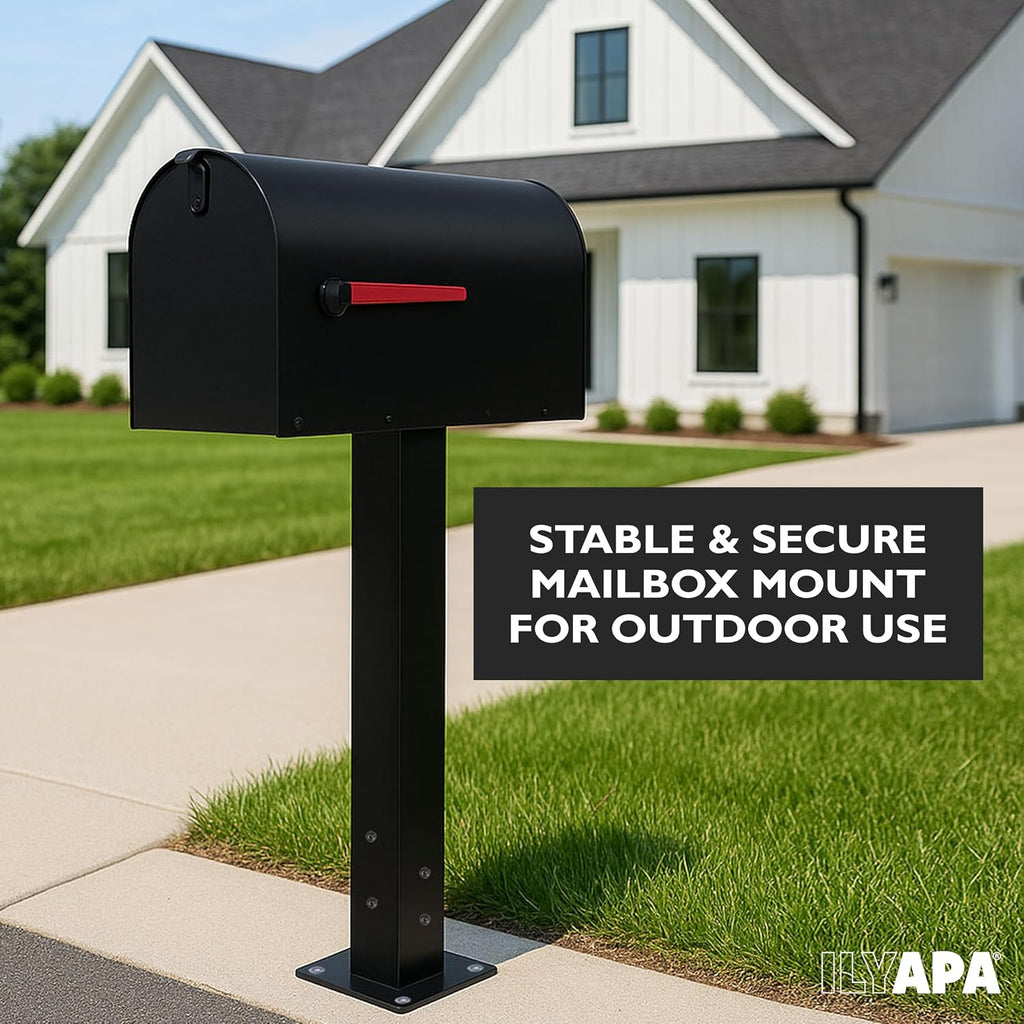Ilyapa Black Mailbox Post & Mounting Plate Kit: 43x4x4 Metal Sleeve for Residential Curbside Mailboxes with Universal Brackets, No Wood Required