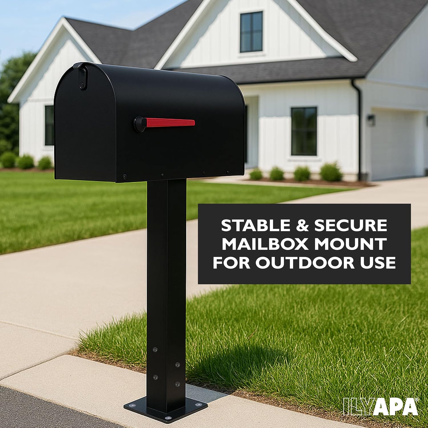 Ilyapa Black Mailbox Post & Mounting Plate Kit: 43x4x4 Metal Sleeve for Residential Curbside Mailboxes with Universal Brackets, No Wood Required