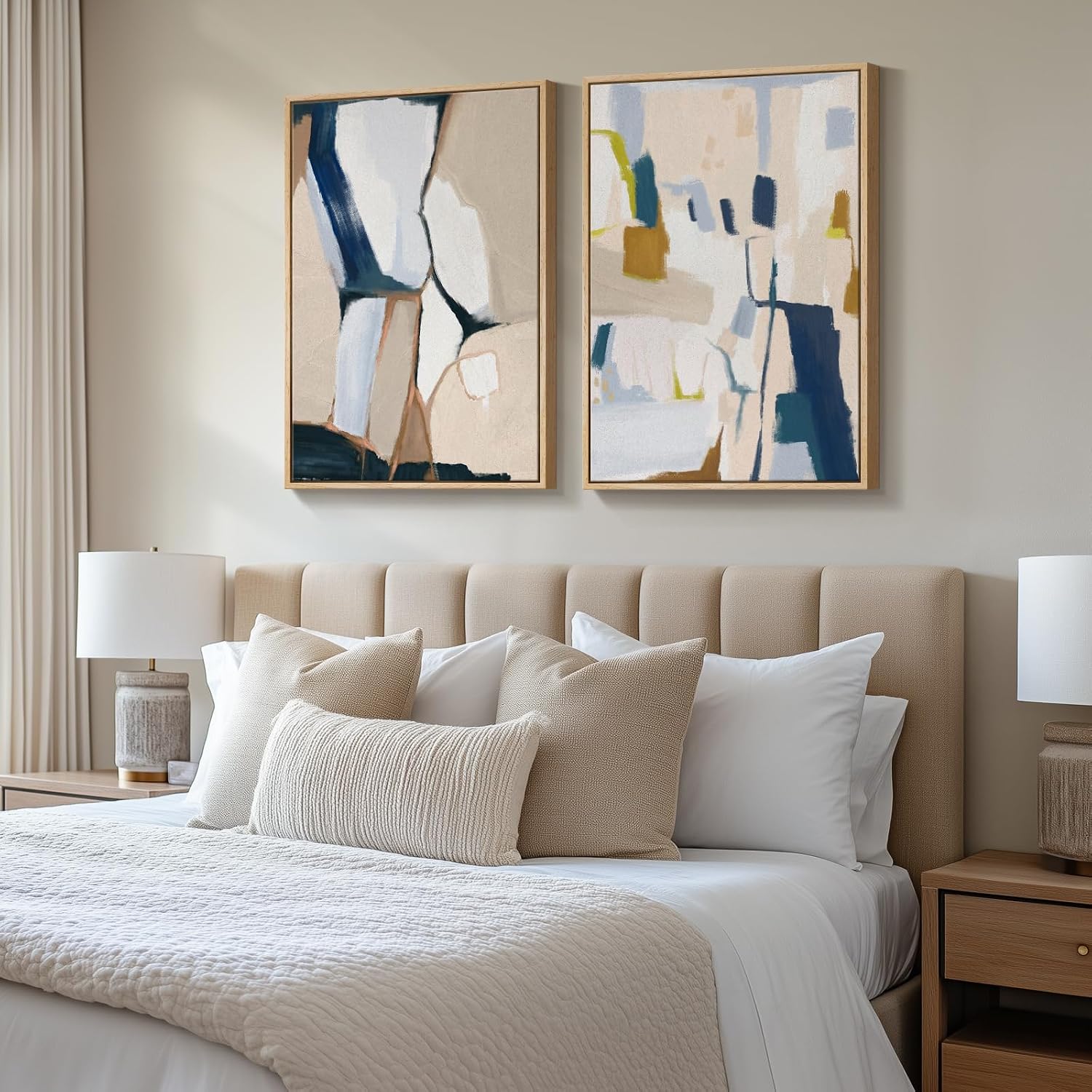 Large Framed Neutral Abstract Wall Art for Living Room, Set of 2 Bright Modern Canvas Prints Paintings Artwork for Walls, Colorful Abstract Pictures for Hallway Stair Bedroom Office Wall Decor 24x36 In