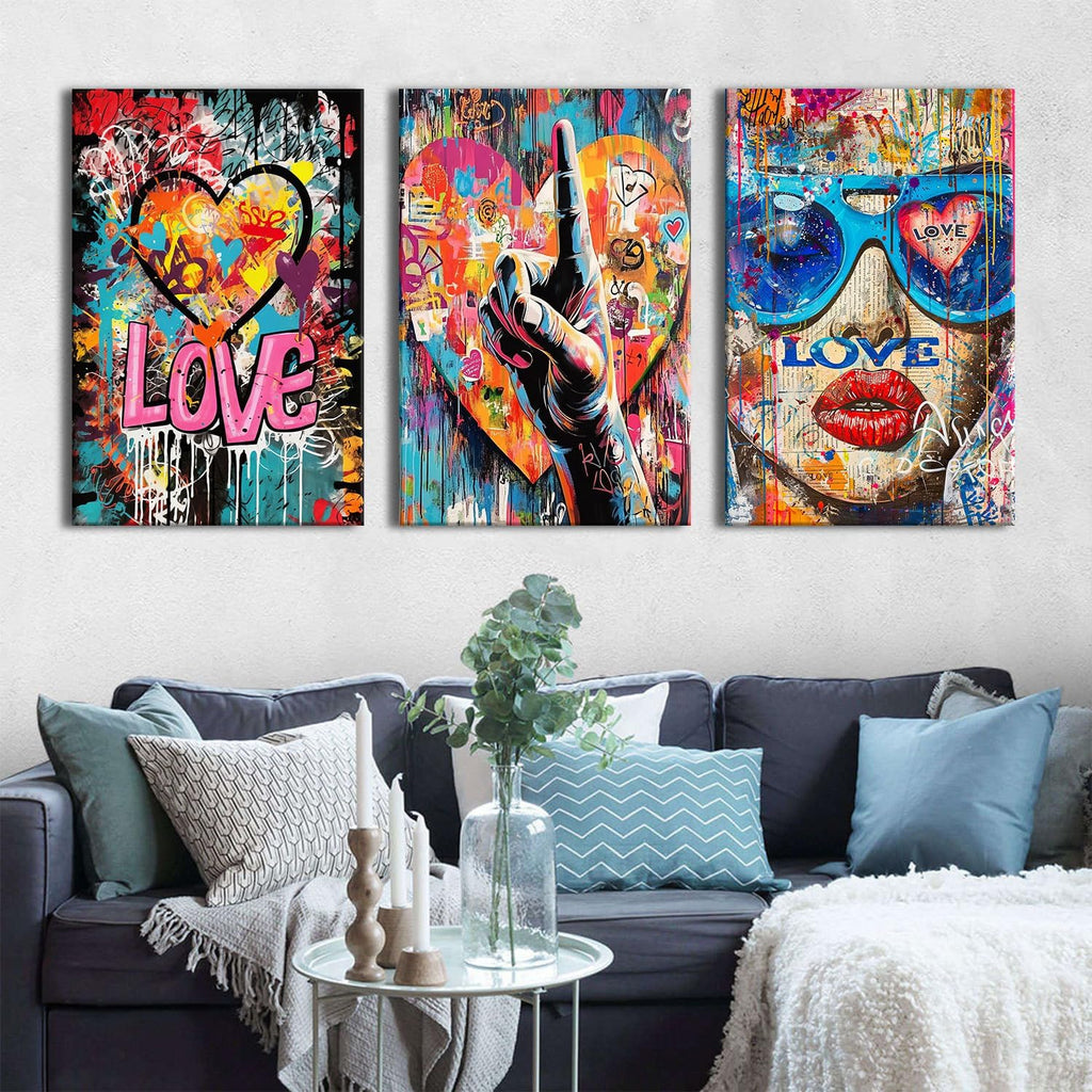 Banksy Art Wall Decor Cool Street Graffiti Canvas Wall Art Abstract Artist Love Gesture Posters Print Artwork Colorful Giclee Framed Artwork for Mens Bedroom Trendy Player Home Decoration 24x36 3 Pcs