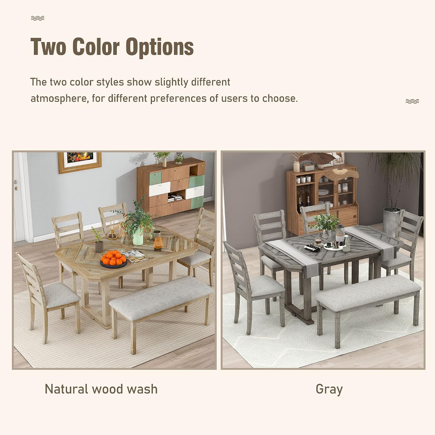 Solid Wood 6-Piece Dining Room Table Set with Beautiful Wood Grain Pattern Tabletop, Rustic Style Kitchen Dining Table Set with 4 Padded Ergonomic Chairs & a Bench (Gray-Grain)