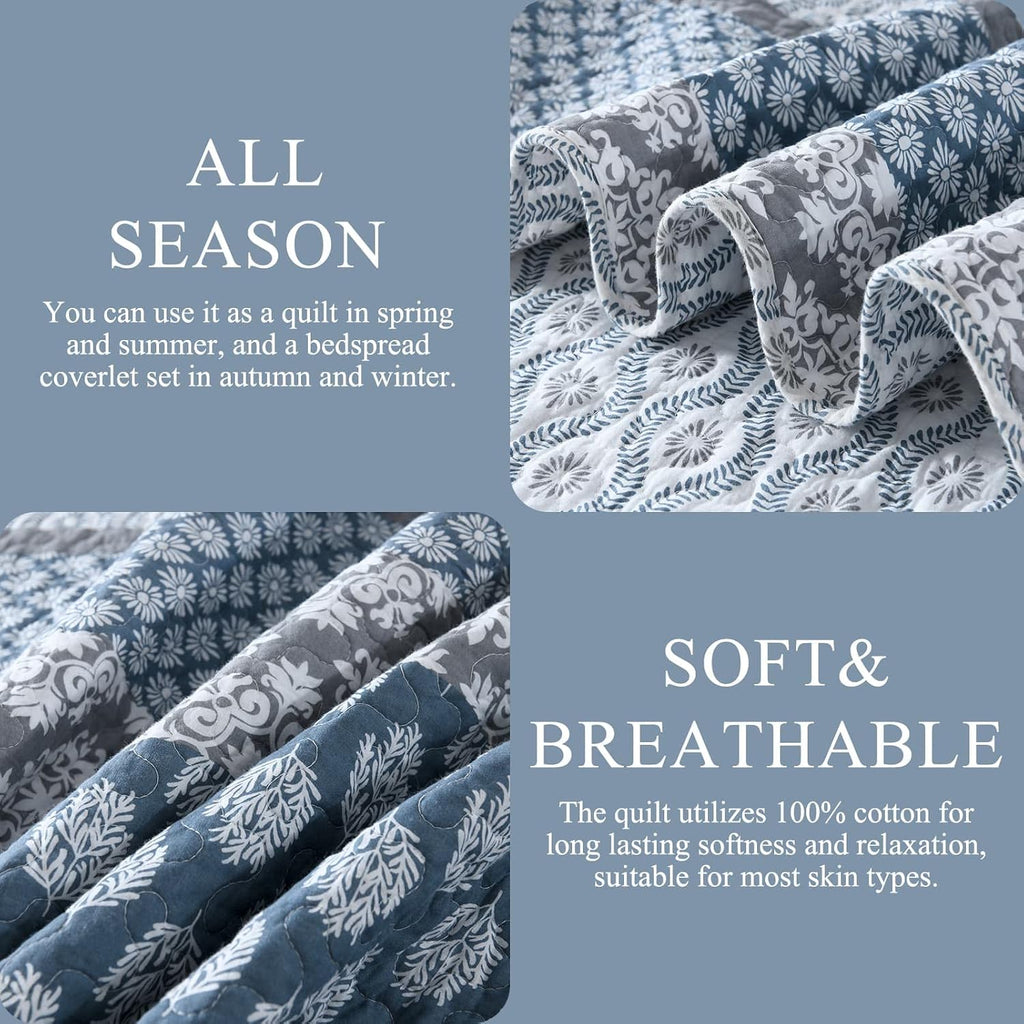 DDUOXIN Floral Quilt King Size - 100% Cotton Reversible King Quilt with 2 Pillow Shams, Farmhouse Soft Bedspreads Lightweight Stripe Quilts Bedding Set, Country Blue/Grey