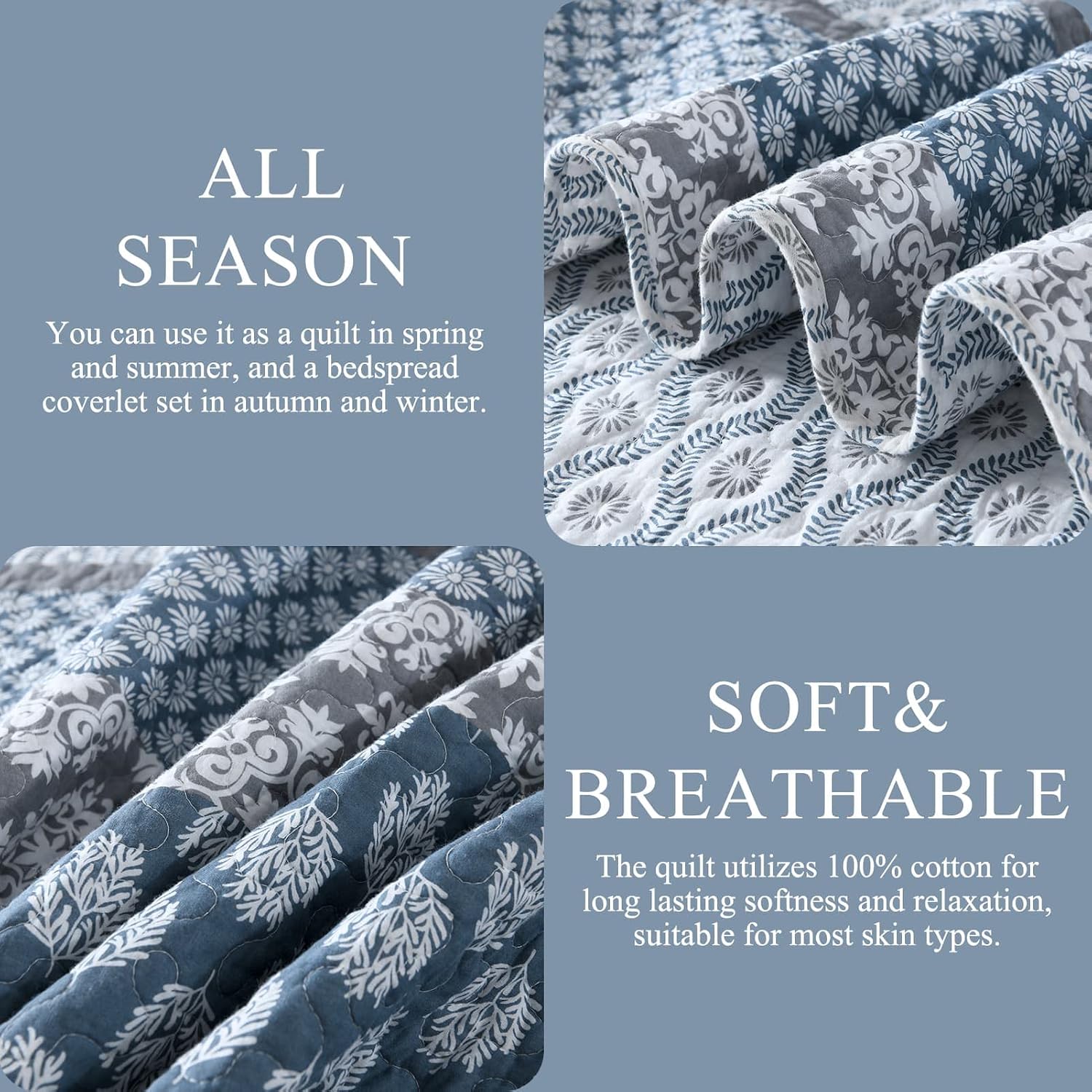 DDUOXIN Floral Quilt King Size - 100% Cotton Reversible King Quilt with 2 Pillow Shams, Farmhouse Soft Bedspreads Lightweight Stripe Quilts Bedding Set, Country Blue/Grey