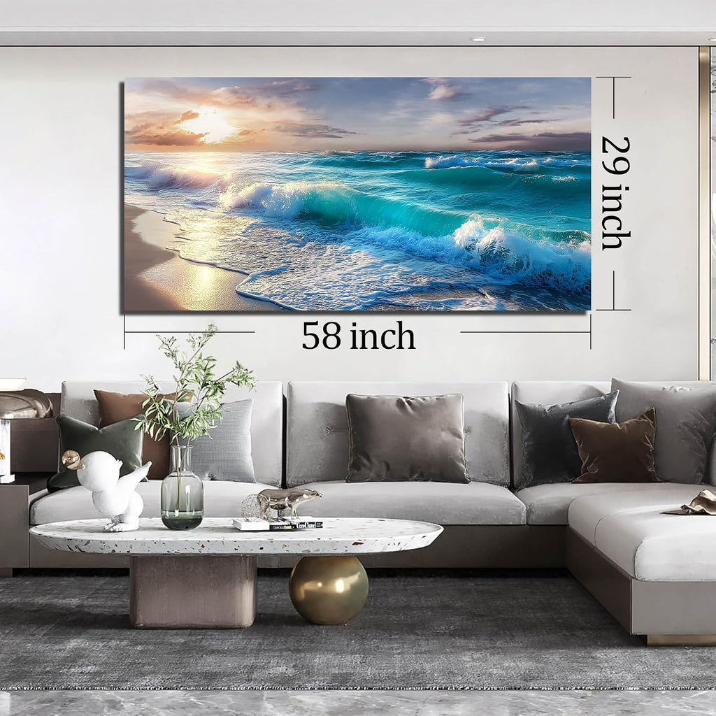GUGIKA Ocean Wall Art for Living Room, Blue Wave and Large Coastal Beach Canvas Wall-Decor for Bedroom, Gold Sun Scenery Pictures for Hallway Office, Size 59 x 29 Inches