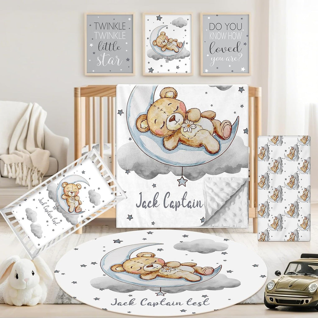 Personalized Baby Crib Bedding Set, 5 Pcs Custom Name Nursery Bedding Set for Girls Boys, Grey Moon Bear Baby Crib Set for Toddlers Infants, Double Layer Bedding Crib Sets Customized Gifts