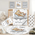 Personalized Baby Crib Bedding Set, 5 Pcs Custom Name Nursery Bedding Set for Girls Boys, Grey Moon Bear Baby Crib Set for Toddlers Infants, Double Layer Bedding Crib Sets Customized Gifts