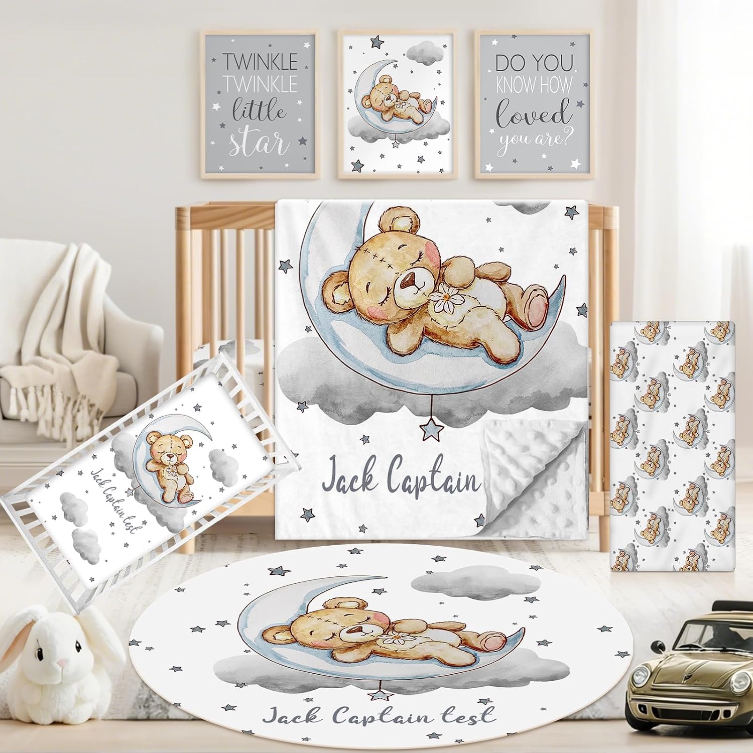 Personalized Baby Crib Bedding Set, 5 Pcs Custom Name Nursery Bedding Set for Girls Boys, Grey Moon Bear Baby Crib Set for Toddlers Infants, Double Layer Bedding Crib Sets Customized Gifts