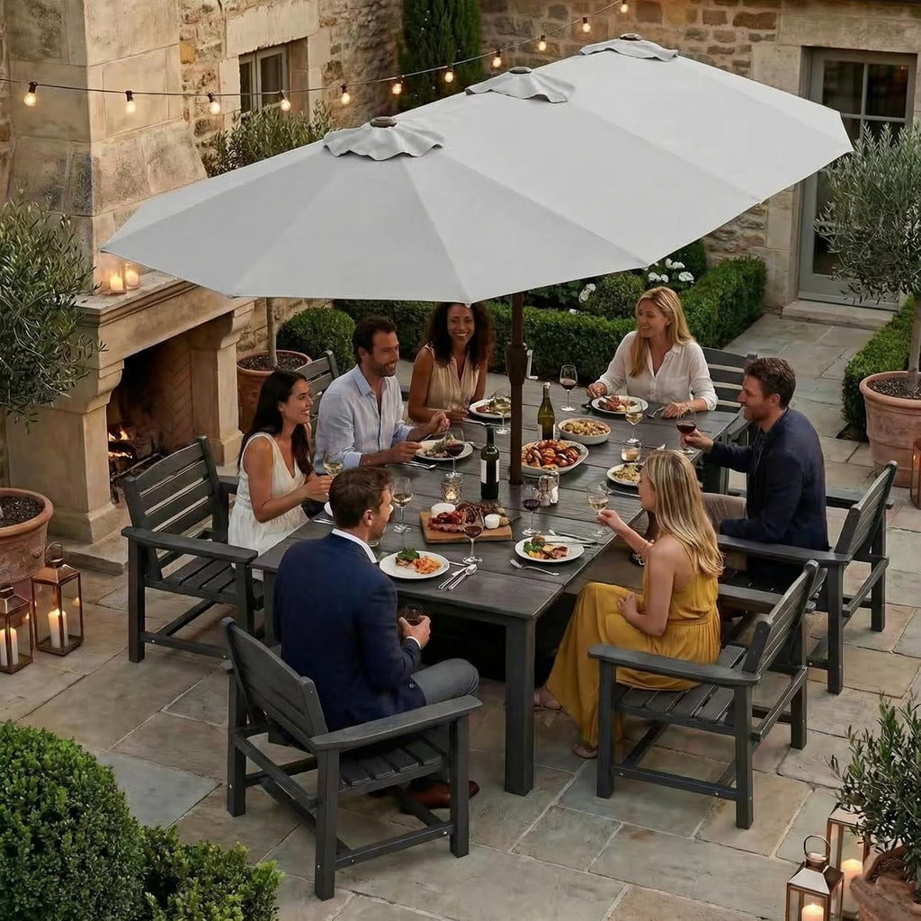 Kingdura 15ft Large Patio Umbrella with Base Included, Double-Sided Rectangle Outdoor Table Umbrella with 12 Reinforced Ribs, Crank Lift for Market Pool Deck Backyard, Light grey