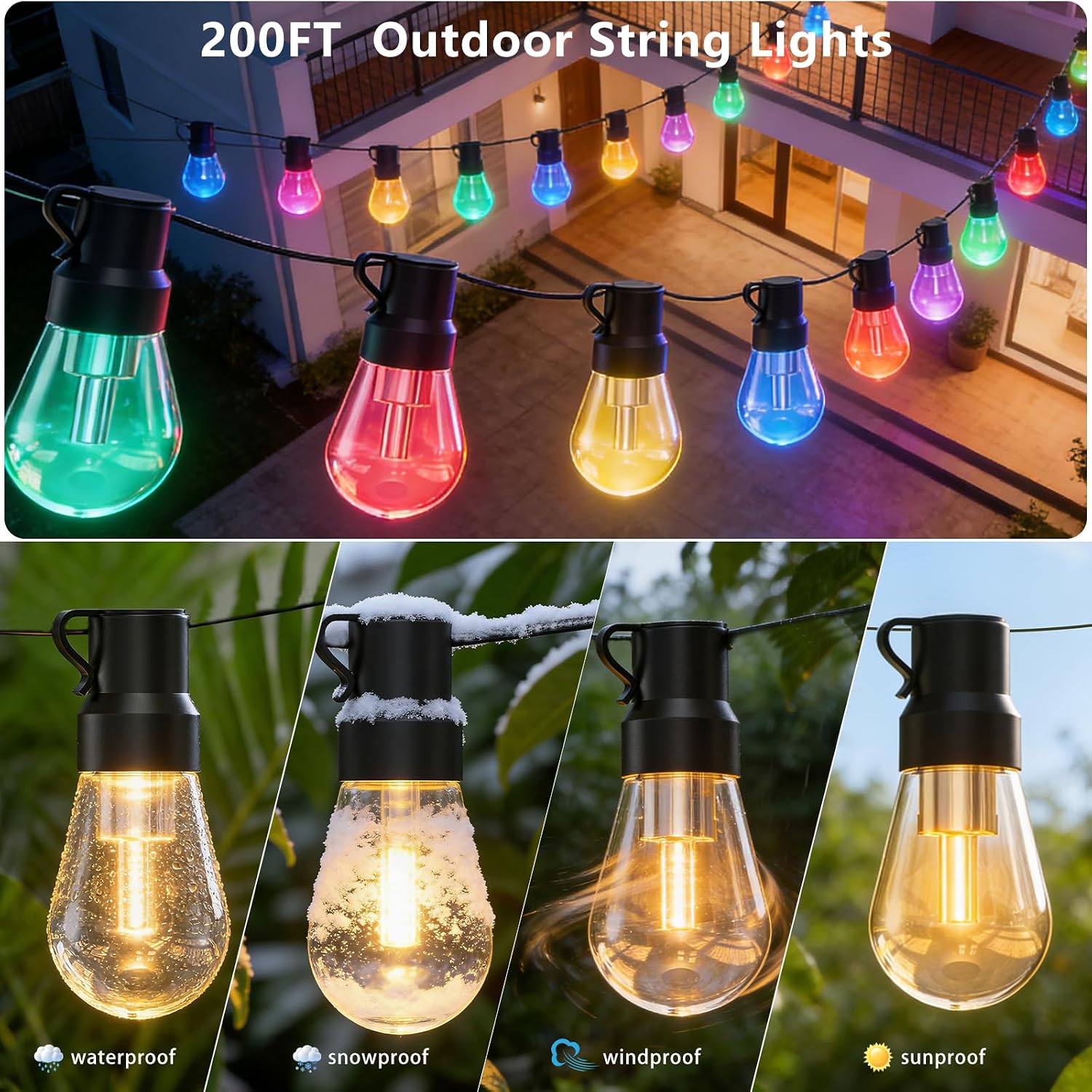 LETIANPAI 200ft RGB+IC Outdoor String Lights, IP67 Waterproof LED Color Changing Clear Bulb String Lights with App & Remote Control, Shatterproof Hanging Patio Lights for Backyard Garden Party