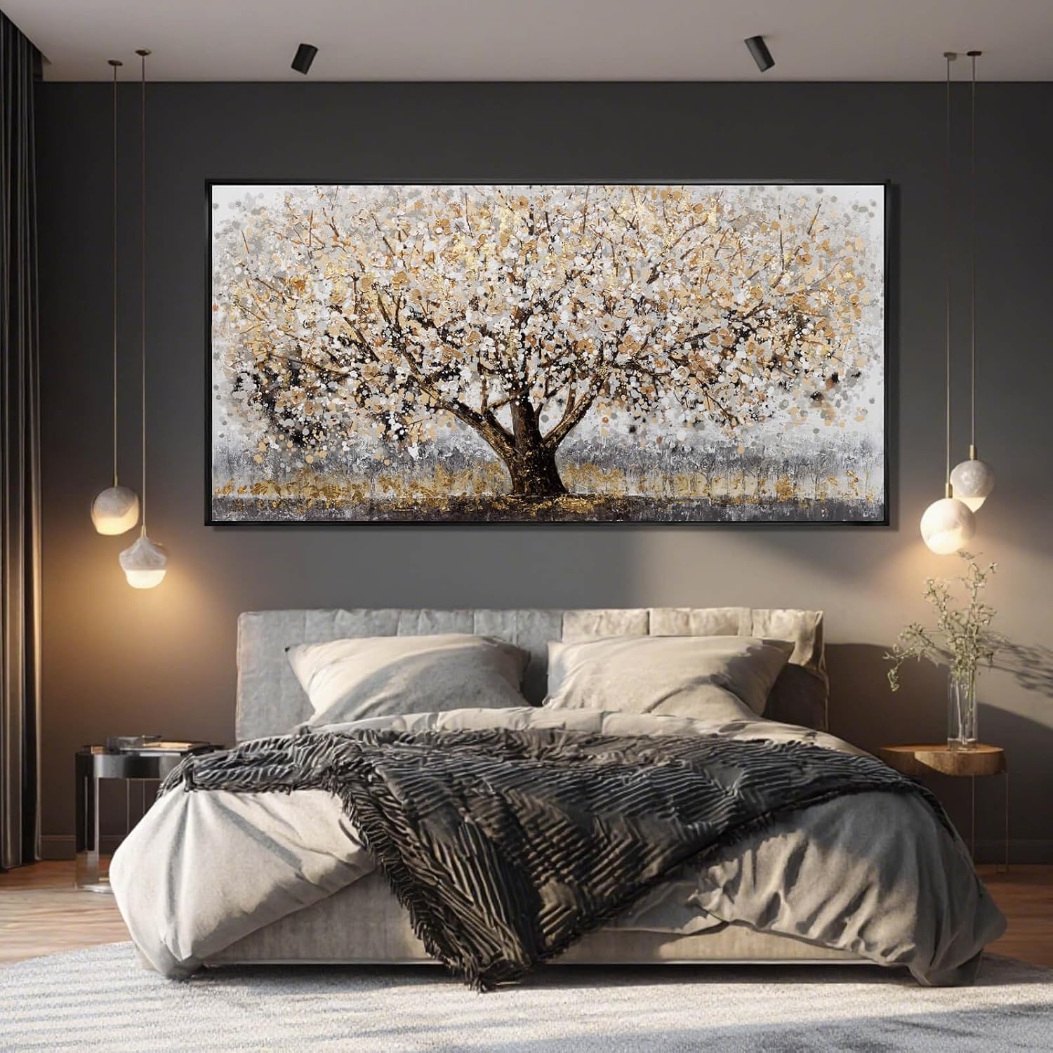 CHUDANHAO Gold Foil Canvas Wall Art Flower Wall Decor Plant Photo Prints Landscape Wall Decorations 29'x58' Large Artwork for Living Room Office