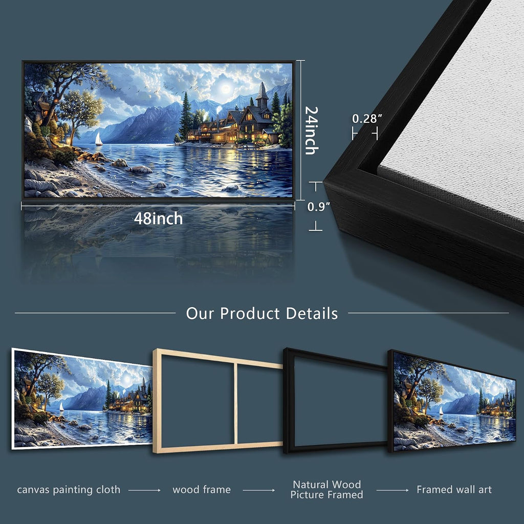 XIGUANGART Coastal Wall Art Blue Ocean Picture Mountain Wall Decor Lake Beside Countryside Large Canvas Print Art for Living Room Bedroom Home Office Forest Scenery Painting Decoration Framed Artwork