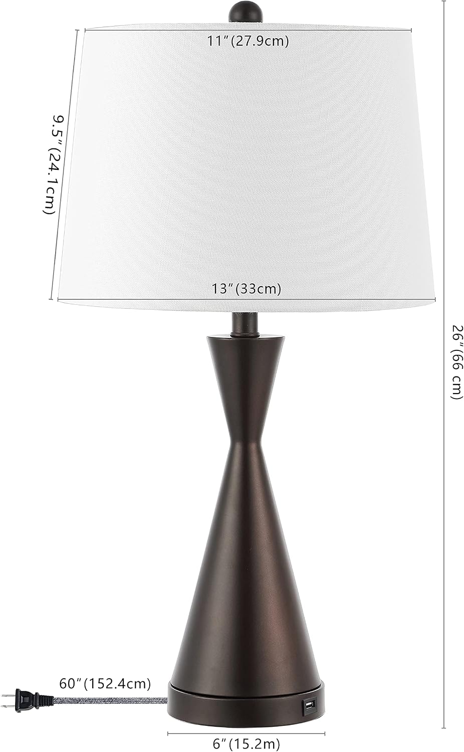 JONATHAN Y 26' Oil Rubbed Bronze Classic Iron LED Table Lamp with USB Port, Set of 2 for Bedroom, White Linen Shade, Farmhouse Midcentury Modern Bedside Nightstand Lamps, LED Bulbs (JYL4046C-SET2)