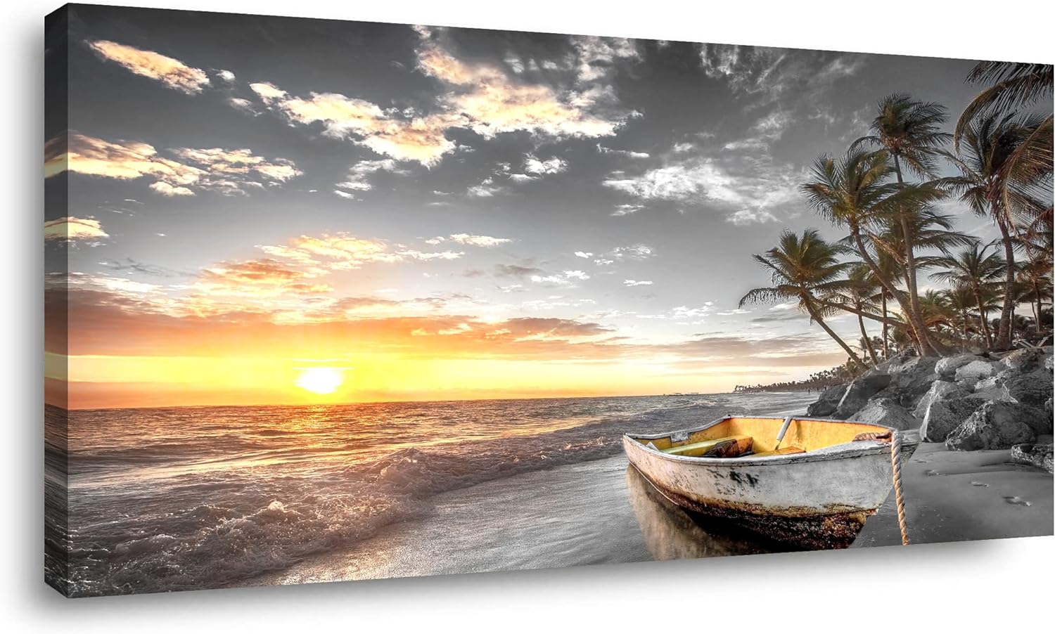 Beach Wall Art Canvas Prints Art Black and White Sunset Seascape Pictures Bedroom Decor Boat Tree Ocean Landscape Painting for Living Room Office Decoration Natural Scenery Artwork 28 x 57inches