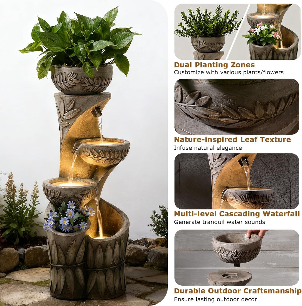 4 Tiered Water Fountain Outdoor, 35.6' Tall Cascading Bowl Leaf Carved Outdoor Waterfall Fountains Modern Water Feature with Dual Planters for Garden, Patio,Deck, Yard, Indoor Decor