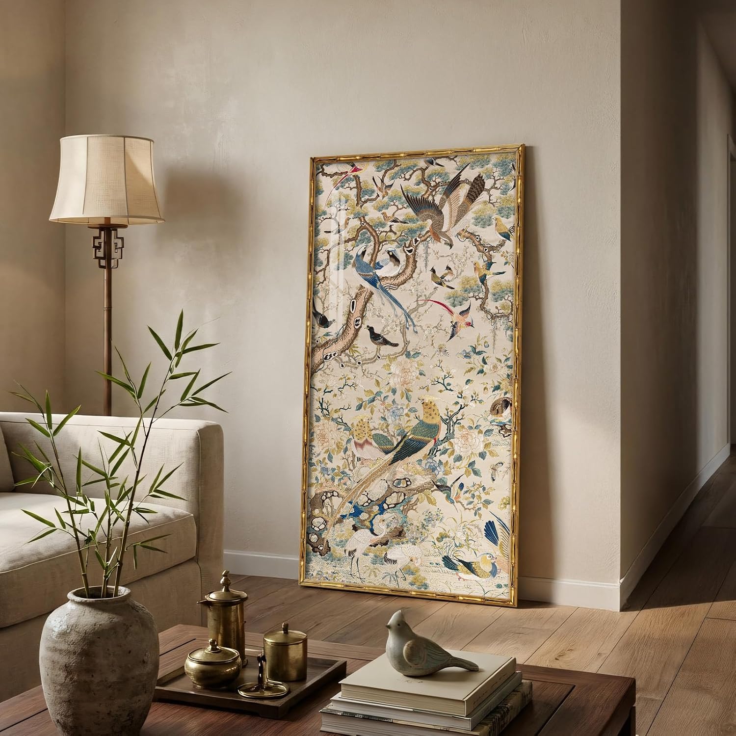 Vintage Gold Framed Chinoiserie Wall Art for Living Room, Vertical Retro Neutral Floral Bird Artwork for Walls, Canvas Print with Bamboo-Style Framed for Bedroom Dining Room Wall Decor, 20x40 Inch