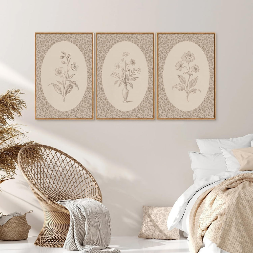 Rantodecor Vintage Flower Framed Canvas Wall Art Triptych, Rustic Floral Wall Decor, Retro Sketch Botanical Art Paintings, Antique French Cottage Artwork for Girls Bedroom Living Room Bathroom 24'x36'