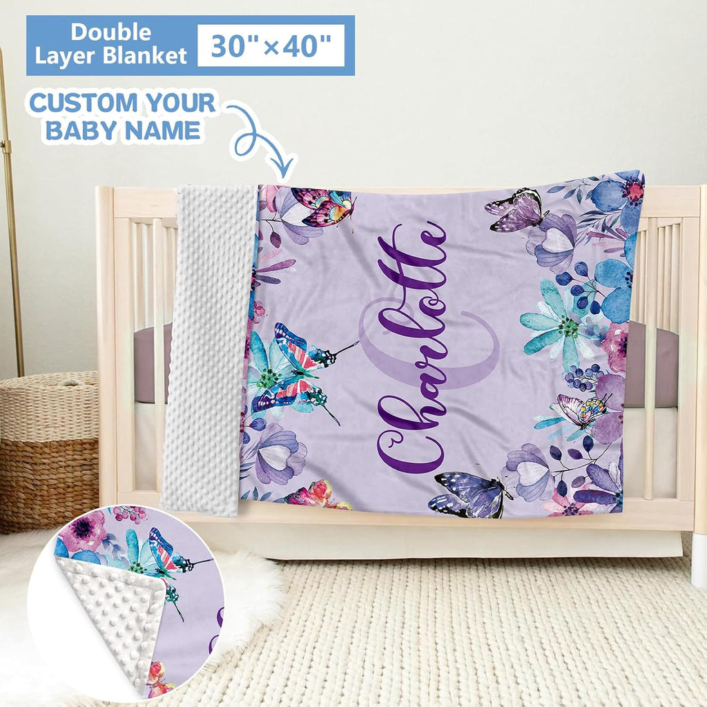 KAINSY Personalized 5-Piece Crib Set, Custom Bedding With Name for Girls, Purple Butterfly Nursery Set, Gifts for Infants, Toddlers, New Parents