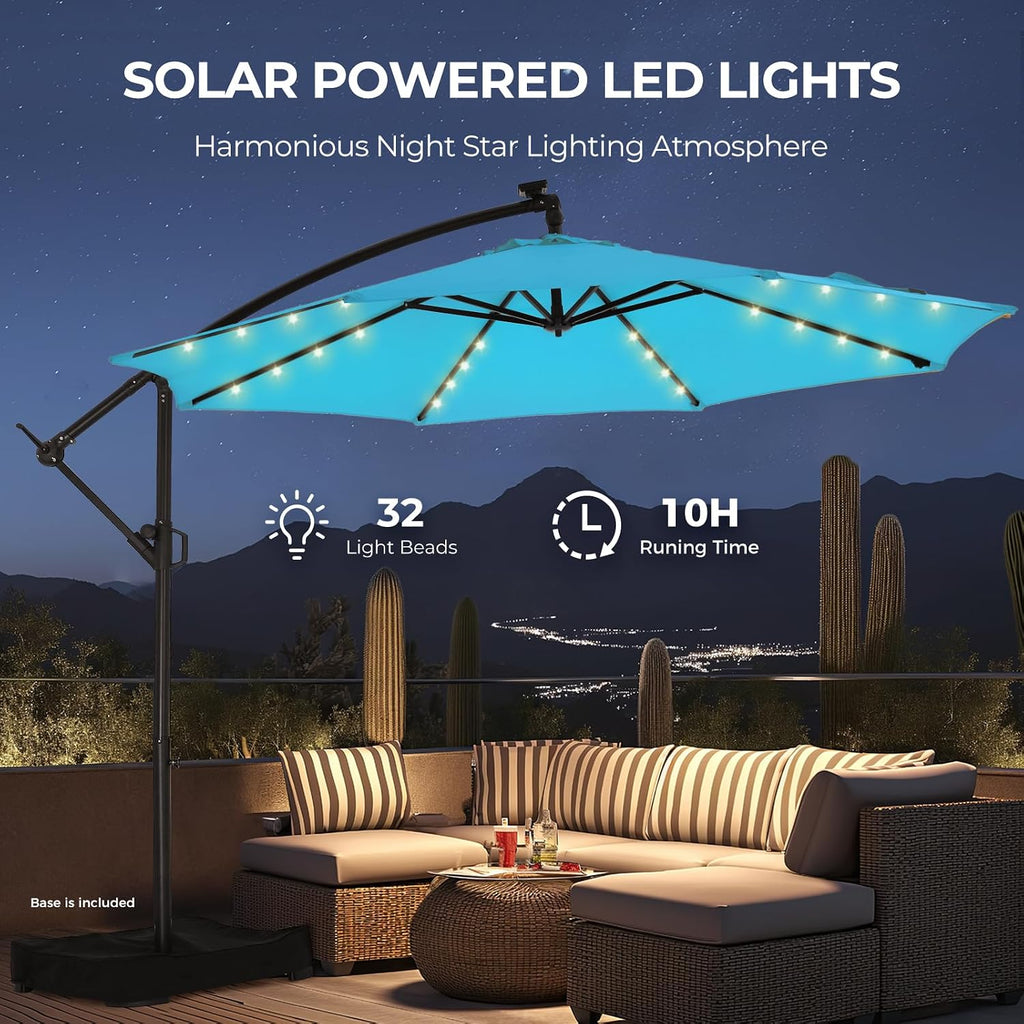 HOMSHADE 10ft Solar Lights Offset Cantilever Patio Umbrella - with Light and Base, LED Lighted Offset Hanging Patio Outdoor Market Umbrella UPF50+ UV Protection with Easy Tilt and Crank (Light Blue)