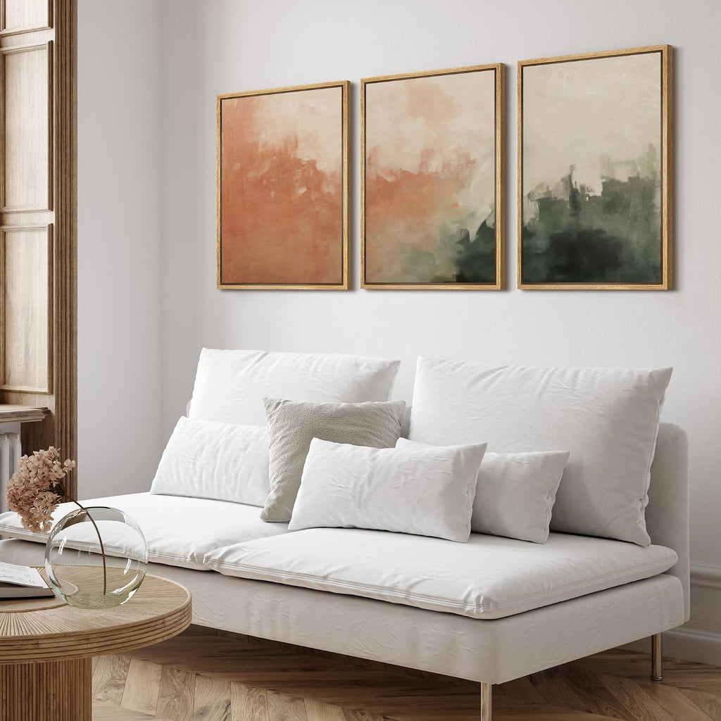 SIGNFORD Framed Canvas Print Wall Art Set Sunset Mist Abstract Coral and Green Illustrations Modern Art Relax/Calm for Living Room, Bedroom, Office - 24'x36'x3 Natural