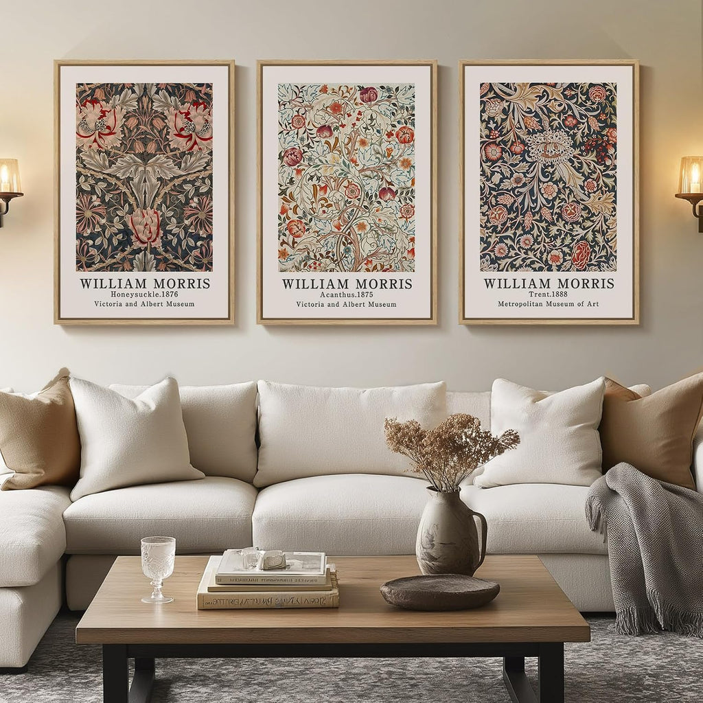Framed Large William Morris Canvas Wall Art Set of 3, Vintage Floral Botanical Artwork Prints, Rustic Boho Farmhouse Aesthetic Decor for Living Room, Bedroom, Hallway or Office, 24x36 Inch