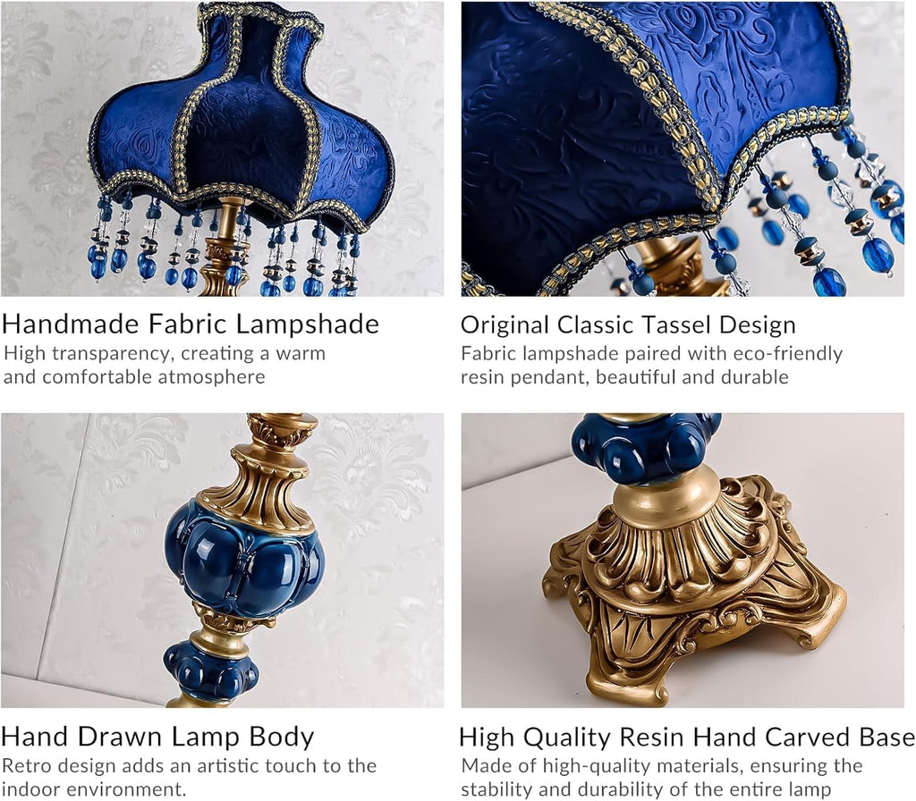 European Style Table Lamp with Fabric Lampshade Hand-Made Antique Varnished Resin Lampbody Victorian Style Table Lamp for Living Room Bedroom(Blue)