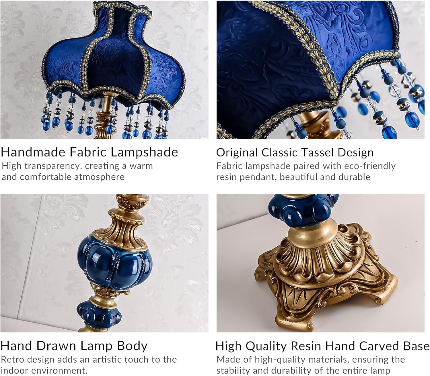 European Style Table Lamp with Fabric Lampshade Hand-Made Antique Varnished Resin Lampbody Victorian Style Table Lamp for Living Room Bedroom(Blue)