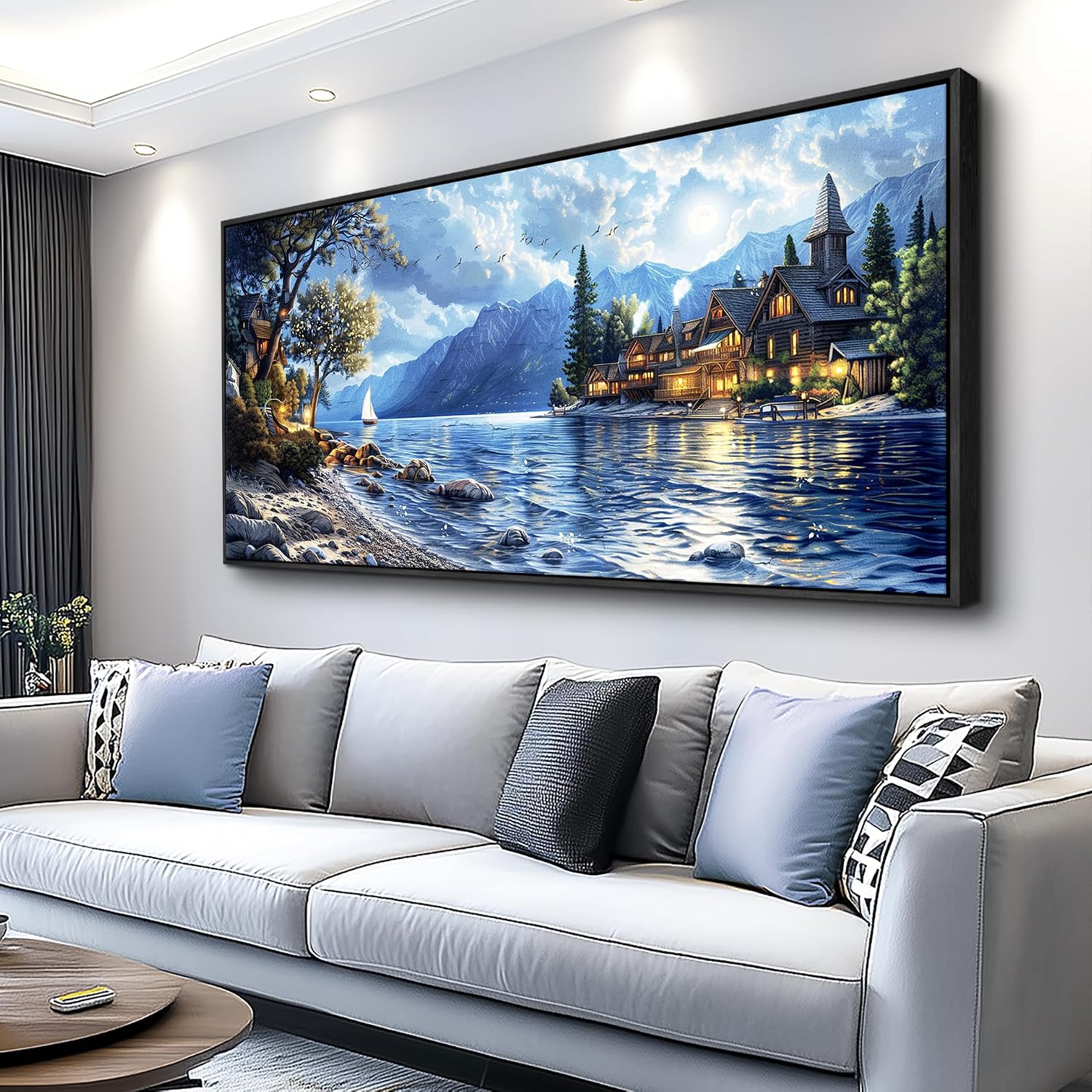 XIGUANGART Coastal Wall Art Blue Ocean Picture Mountain Wall Decor Lake Beside Countryside Large Canvas Print Art for Living Room Bedroom Home Office Forest Scenery Painting Decoration Framed Artwork