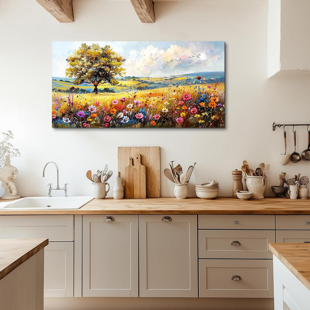 SERIMINO Rustic Landscape Large Wall Art, Tree Flower Sea Canvas Painting, Nature Country Scenery Art Prints, Bright Cottagecore Wall Pictures for Living Room Dining Room, Farmhouse Decor 29X57 Inch