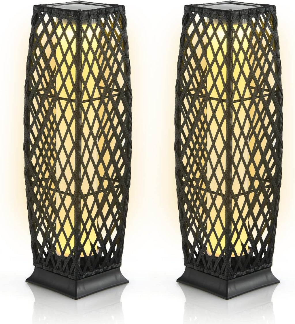 Tangkula 2 Pieces Outdoor Solar Powered Floor Lamps, IP65 Waterproof Wicker Floor Lamps with Auto On/Off LED Light, Outdoor Decor Lanterns for Garden Porch Pool Pathway Driveway (Diamond-Black)