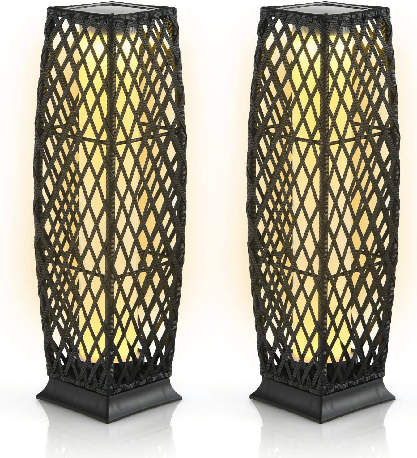 Tangkula 2 Pieces Outdoor Solar Powered Floor Lamps, IP65 Waterproof Wicker Floor Lamps with Auto On/Off LED Light, Outdoor Decor Lanterns for Garden Porch Pool Pathway Driveway (Diamond-Black)