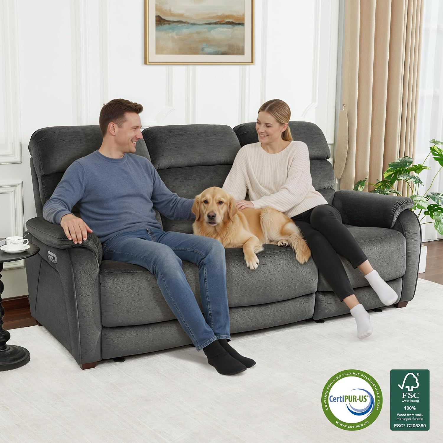 MCombo 87.2'' Wall Hugger Power Recliner Sofa with Drop Down Table, Reclining Sofa with Adjustable Headrest, USB Charge Ports, Reading Lamp, for Living Room, RVs, Fabric, ST258M3 (3-Seater, Dark Grey)