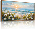 imjiayu Coastal Wall Art, Large Framed Wall Art, Beach Wall Decor, Rustic Sunset Landscape Picture Prints, Seaside Wildflowers Paintings Wall Decor Living Room Bedroom Beachy House Decorations 24'x48'
