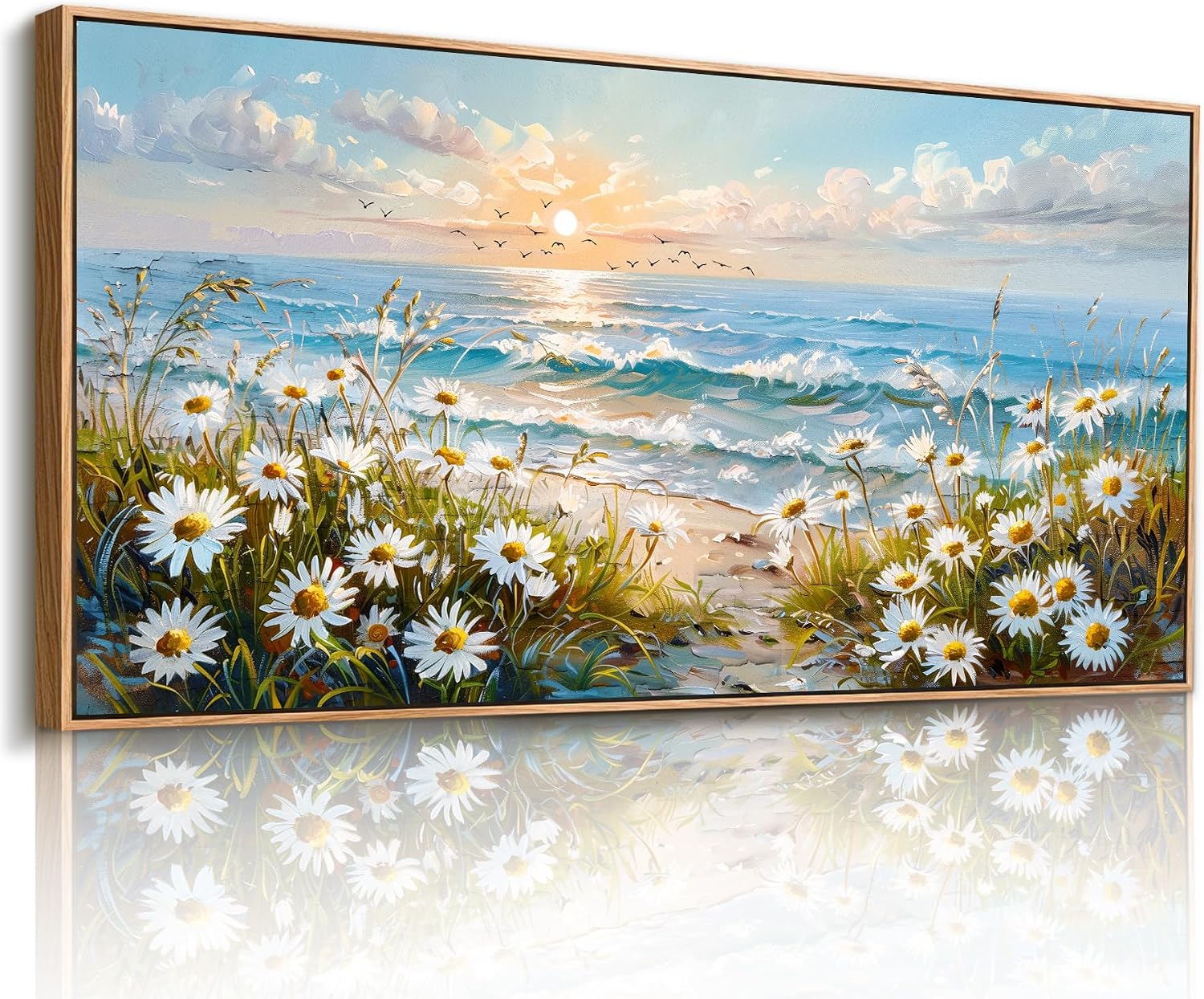 imjiayu Coastal Wall Art, Large Framed Wall Art, Beach Wall Decor, Rustic Sunset Landscape Picture Prints, Seaside Wildflowers Paintings Wall Decor Living Room Bedroom Beachy House Decorations 24'x48'