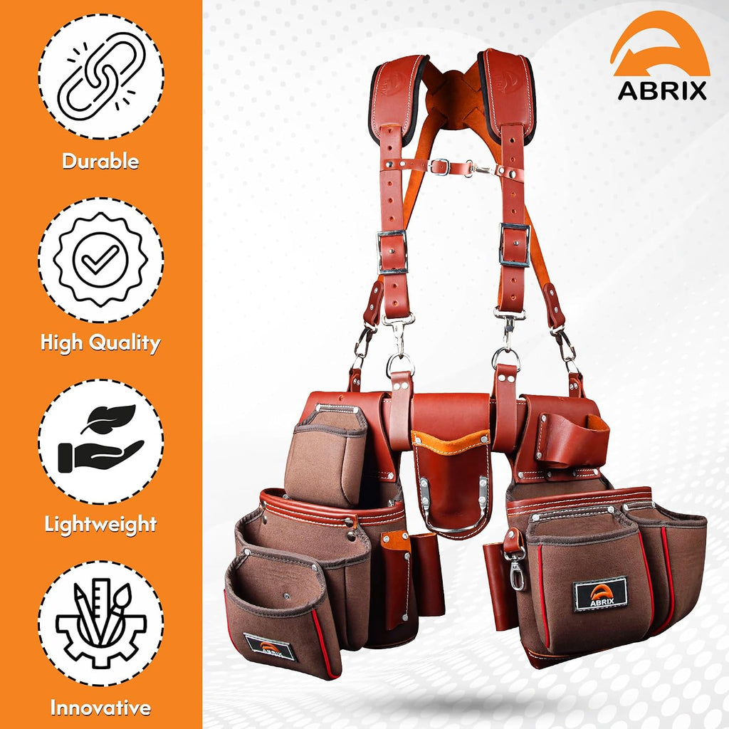 ABRIX Heavy Duty Tool Belt – 4MM Genuine Leather & Ballistic Nylon, Brass Buckle & Rivets, EVA Sheet Reinforced Lining, Foam Padded Comfort Framing Rig & Carpenter Tool Belt with Suspender | 28 Pocket