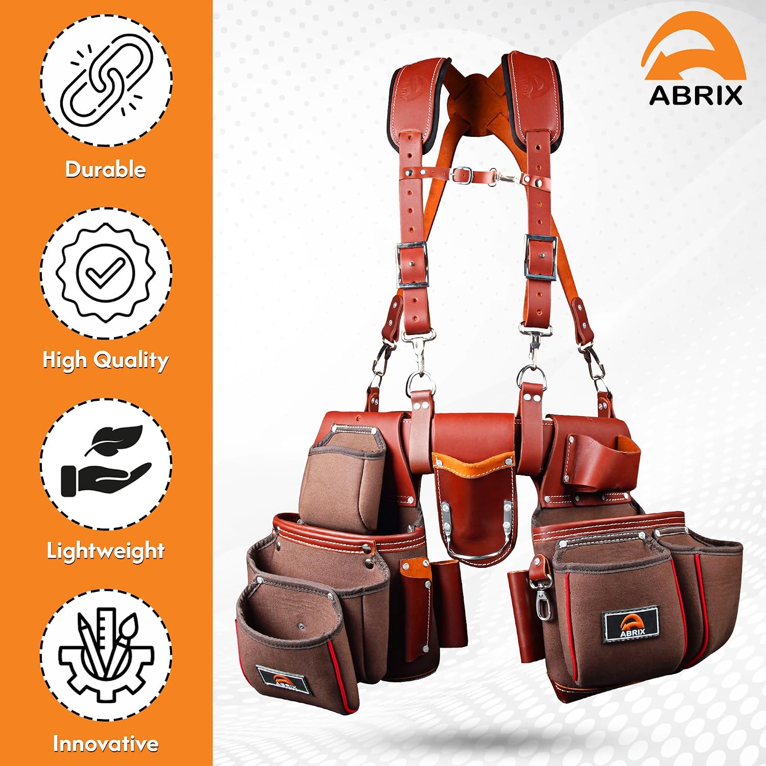 ABRIX Heavy Duty Tool Belt – 4MM Genuine Leather & Ballistic Nylon, Brass Buckle & Rivets, EVA Sheet Reinforced Lining, Foam Padded Comfort Framing Rig & Carpenter Tool Belt with Suspender | 28 Pocket