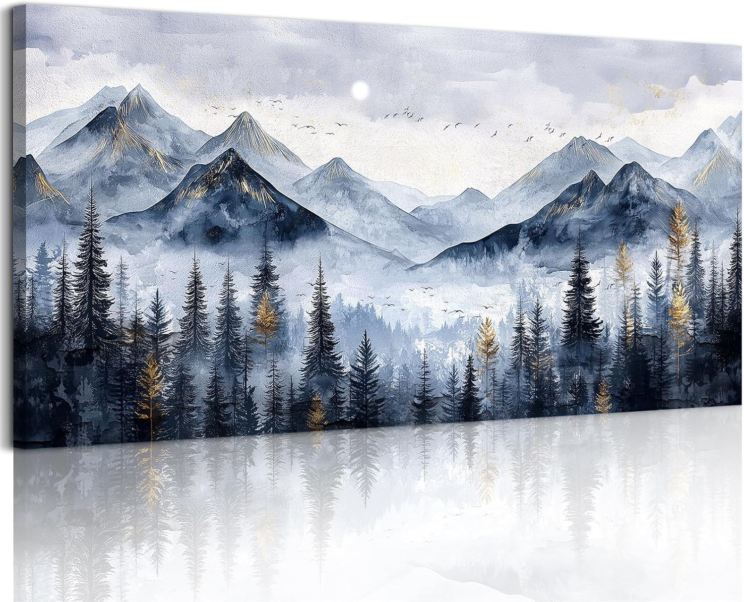 SERIMINO Mountain Landscape Large Wall Art, Misty Forest Canvas Prints, Blue Gold Watercolor Pine Tree Paintings Wall Decor Living Room Bedroom, Natural Scenery Office Decor Pictures 29'X57'