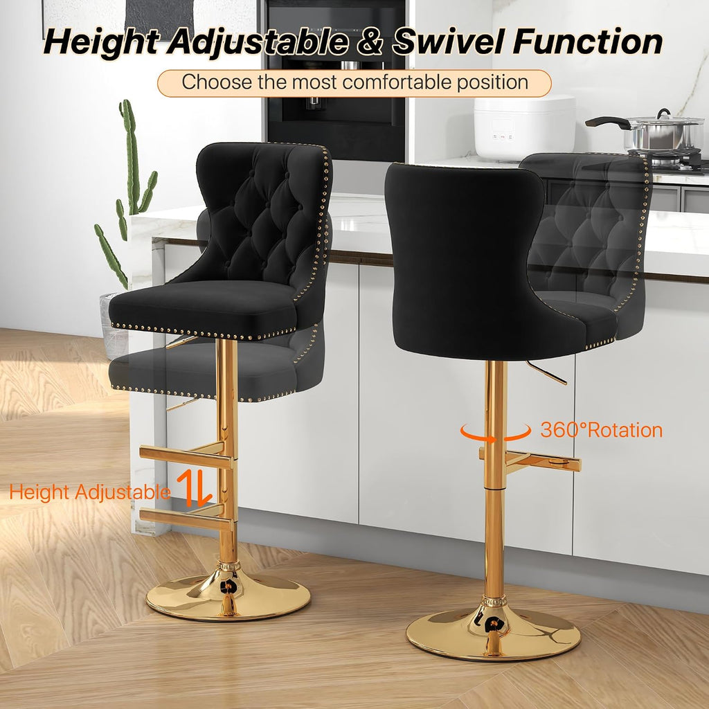 Bar Stools Set of 2, Velvet Swivel Counter Height Stools with Tufted Back, Adjustable Seat with Nailheads Trim, Upholstered Bar Chairs with Gold Base for Kitchen Island, Pub, Black