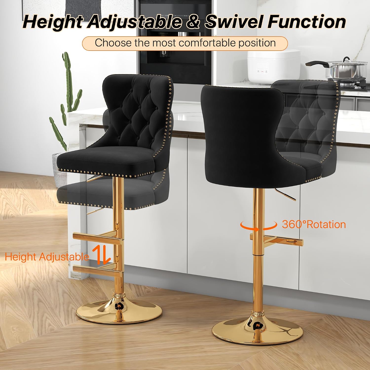 Bar Stools Set of 2, Velvet Swivel Counter Height Stools with Tufted Back, Adjustable Seat with Nailheads Trim, Upholstered Bar Chairs with Gold Base for Kitchen Island, Pub, Black