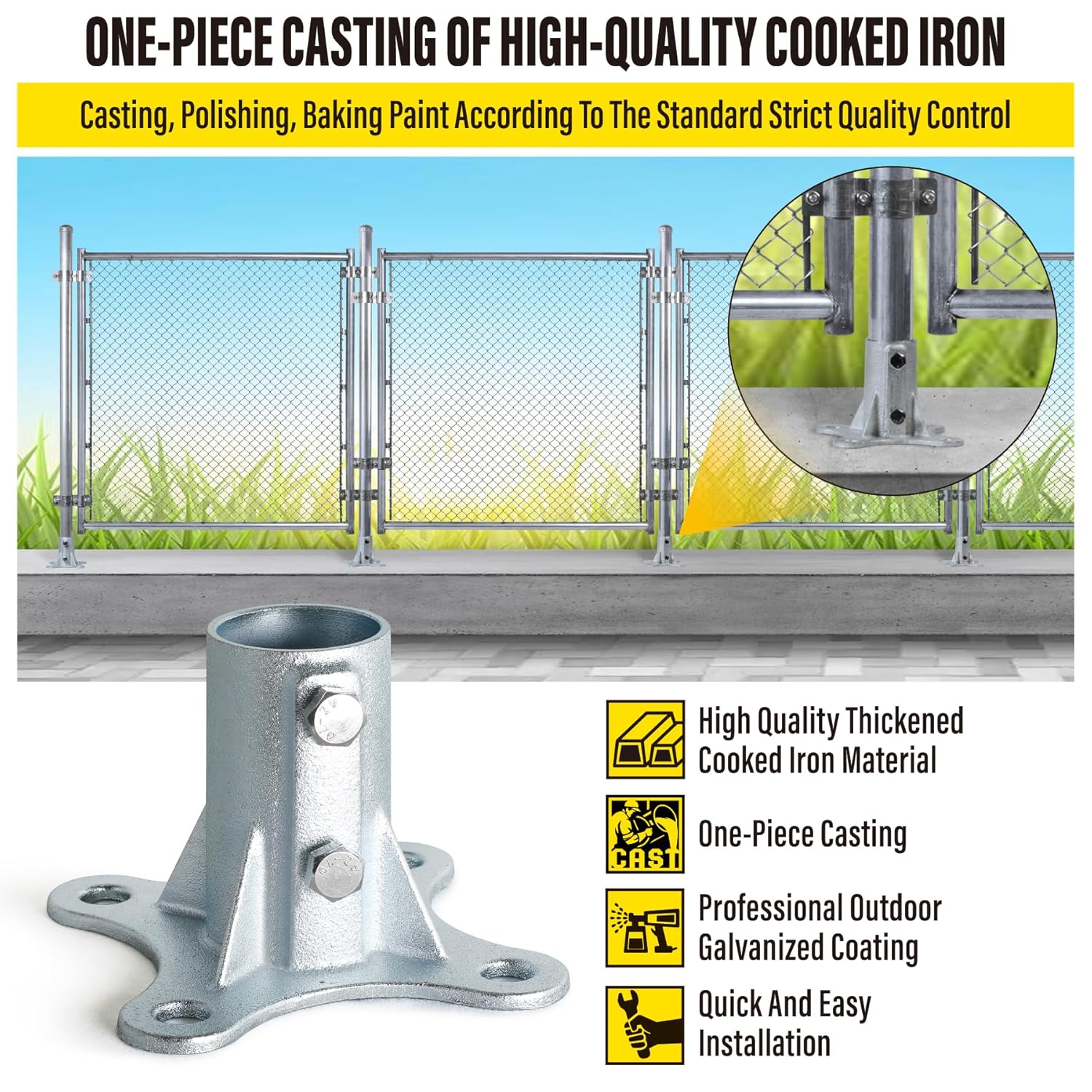 Post 2' (1 7/8' OD) Chain Link Fence Post Floor Flange Bracket, for Chain Link Fence Posts, Mailboxes, and Other Steel Round Post Galvanized Anchor Flange Bases (4 Pack)
