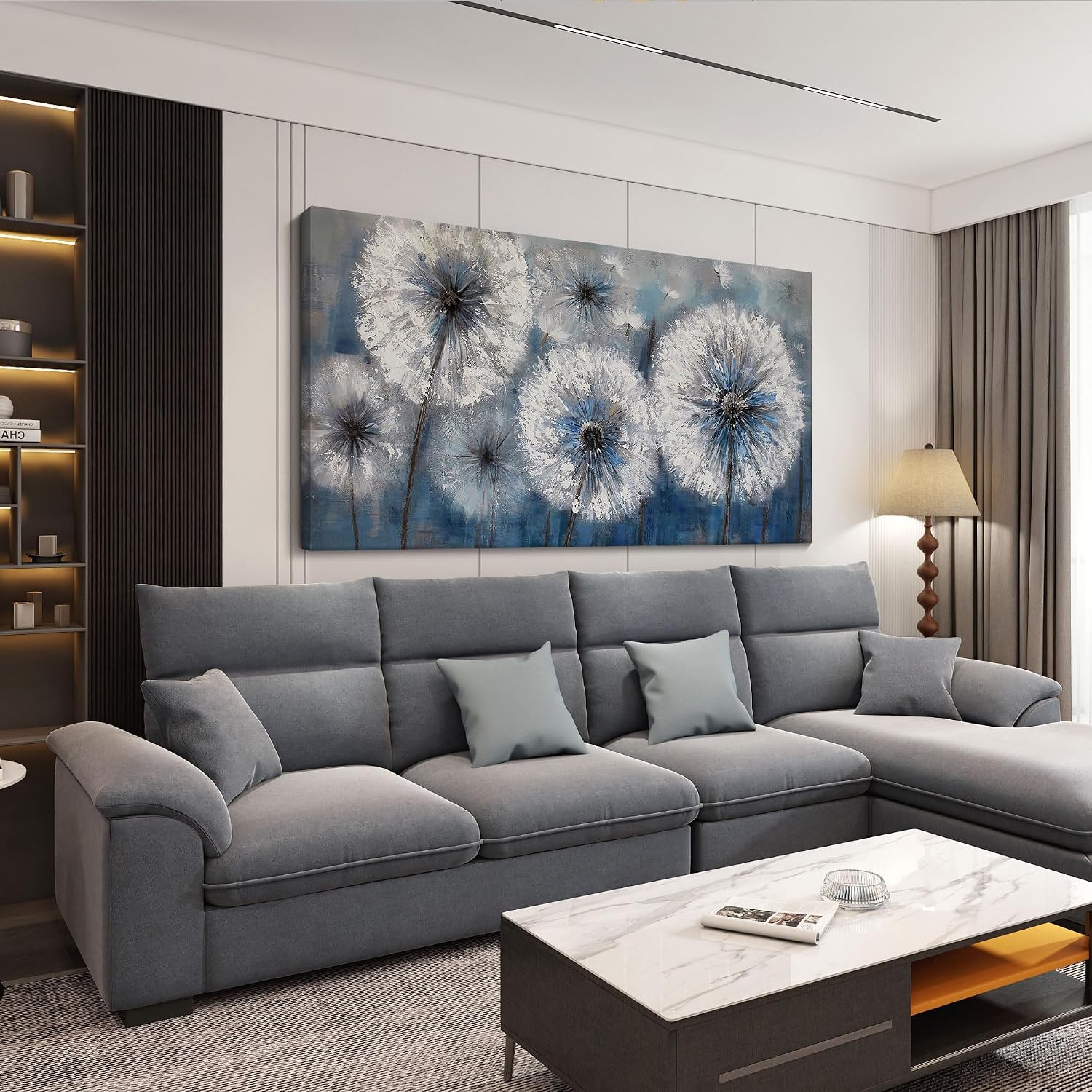 Dandelion Wall Art Blue Large Picture for Living Room Canvas Art Wall Decor Above Bed White Flower Artwork for Walls Wall Paintings Modern Art Aall Decor Framed Wall Art for Bedroom 29×58IN