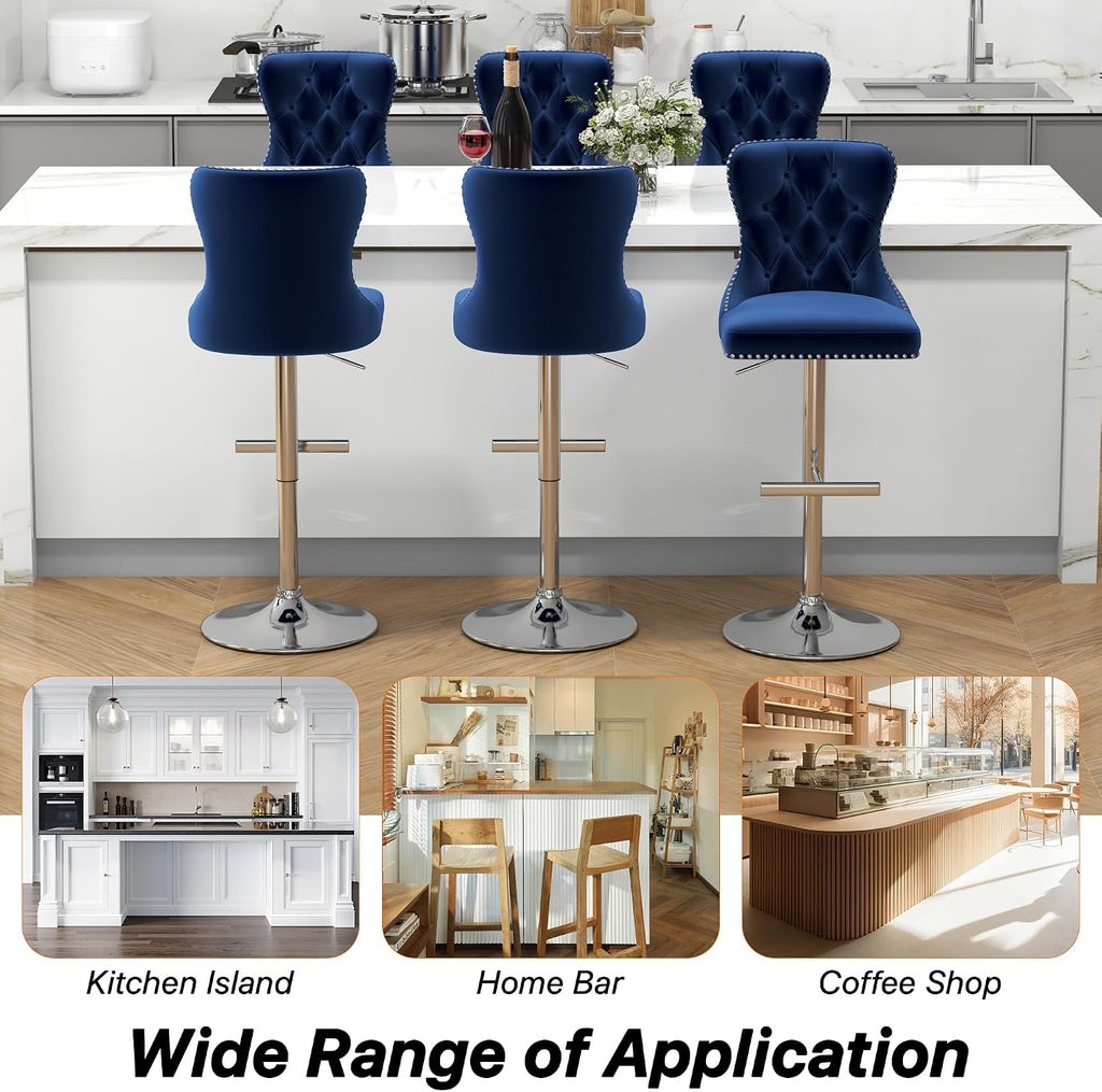 Bar Stools Set of 4, Velvet Swivel Counter Height Stools with Tufted Back, Adjustable Seat with Nailheads Trim, Upholstered Bar Chairs with Steel Base for Kitchen Island, Pub, Blue